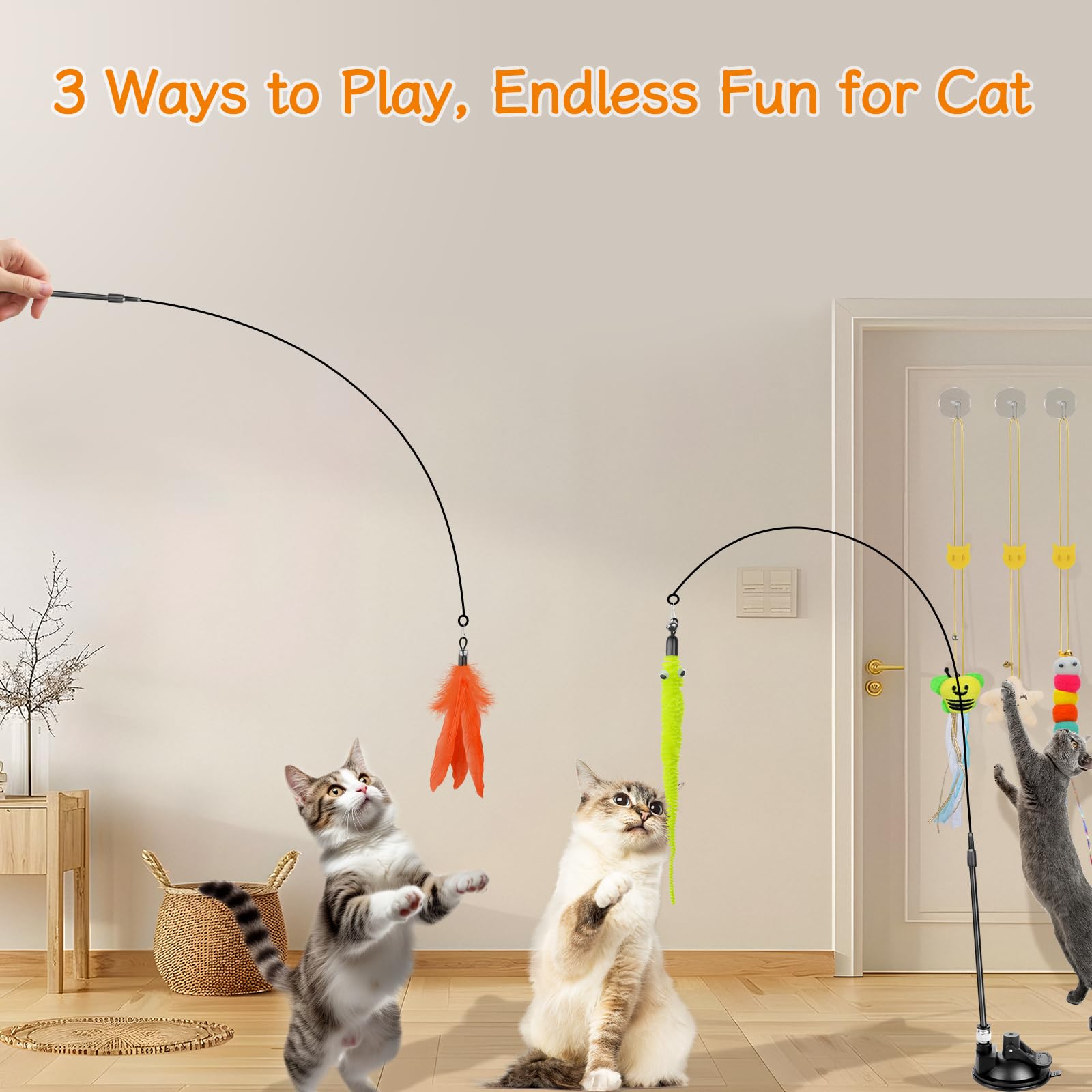 SUNSHINETOP Cat Wand Toy, Interactive Kitten Feather Toys Self Play, Cat Teaser for Indoor Cats Reusable Suction Cup Toys for Indoor Cats Kittens Play Exercise