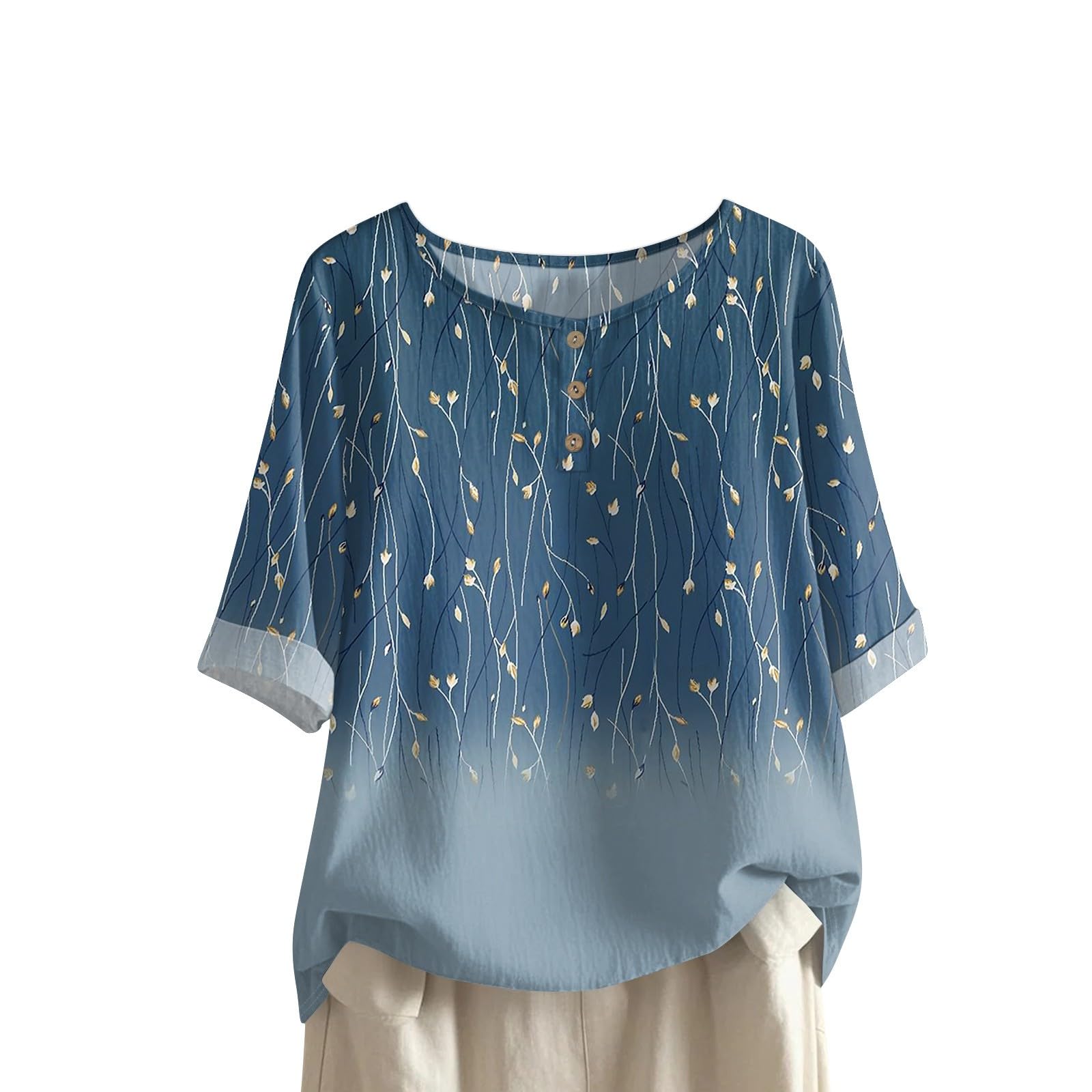 Linen Button Down Shirt Womens Henley Tops Dressy Casual 3/4 Sleeve Summer Blouses Half Sleeve T Shirts for Women