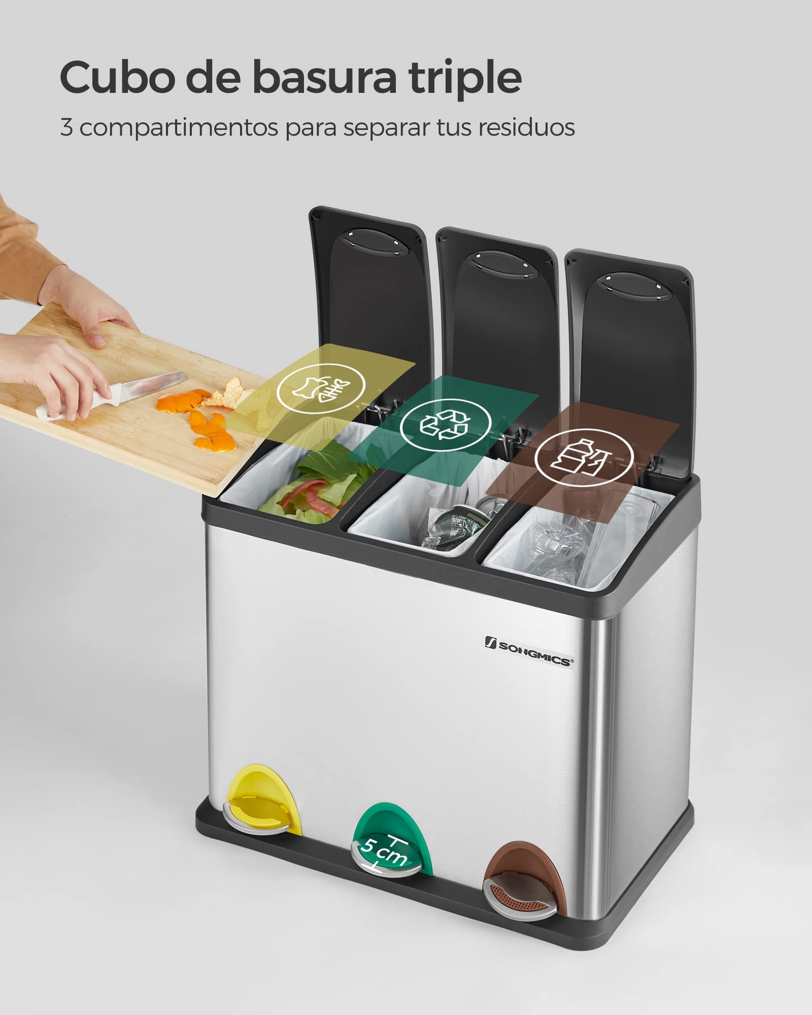 SONGMICS Cubo de Basura de Cocina, Basurero Clasificador 3 x 8 L, Capacidad Pequeña, con Tapas, Triple Cubo de Acero para Familias Pequeñas, Pedales y Cubos, Plata y Negro LTB24L