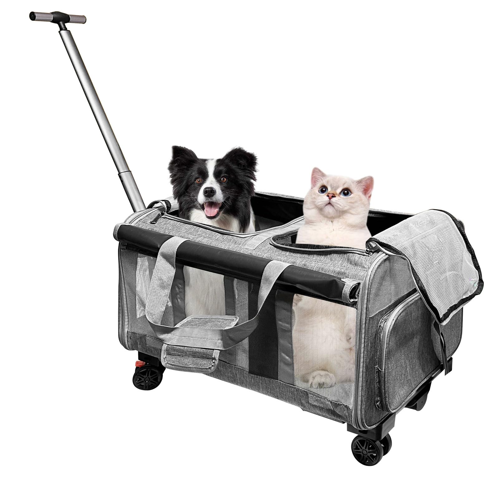 Carrier for 2 Cats/Dogs, with 2 Compartments + 4 Wheels + Telescopic Handle, Large Folding Carrier for Cats up to 20 kg, Ideal for Veterinary Visits, Travel Car (Grey)