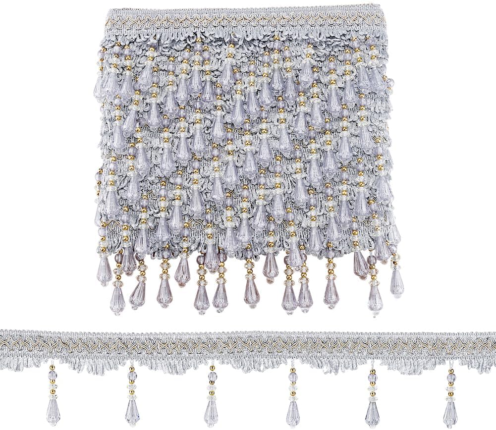PH PandaHall 12 Yards Beaded Fringe Trim, 3-3/4 inch Hanging Tassel Trim Silver Sewing Trim Fringe Crystal Beaded Trim Lace Ribbon for Curtain Tablecloth Home Decor Dress Clothes DIY Crafting