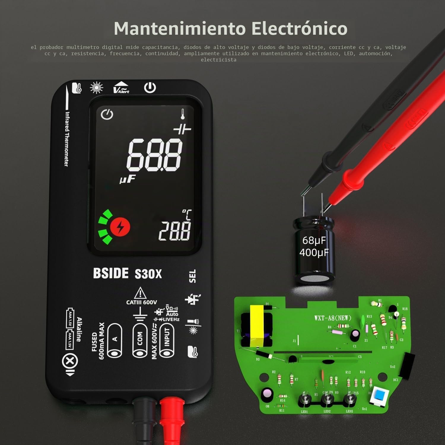 Kit Multímetro Digital y Bolígrafo Detector de Voltaje BSIDE S30X+X1 Multímetro Inteligente y Buscapolos Sin Contacto con Pinza Cocodrilo para Electricista Electrónica LED Automoción