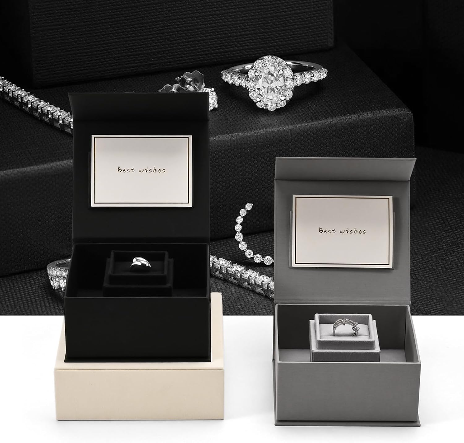 Oirlv Velvet Ring Gift Box with Exquisite Outer Packaging, Wedding Proposal Engagement Ring Box, Birthday Present Gift Box with Blank Greeting Card（Black）