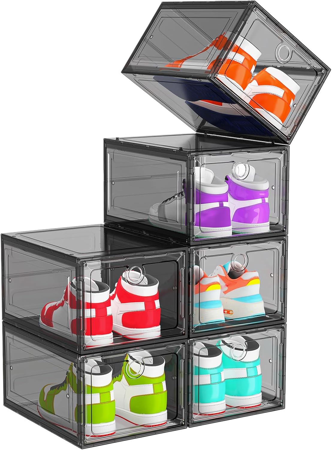 6 Pack Shoe Organizer with Magnetic Front Door, Clear Foldable Space-Saving Shoe Storage Rack, Black