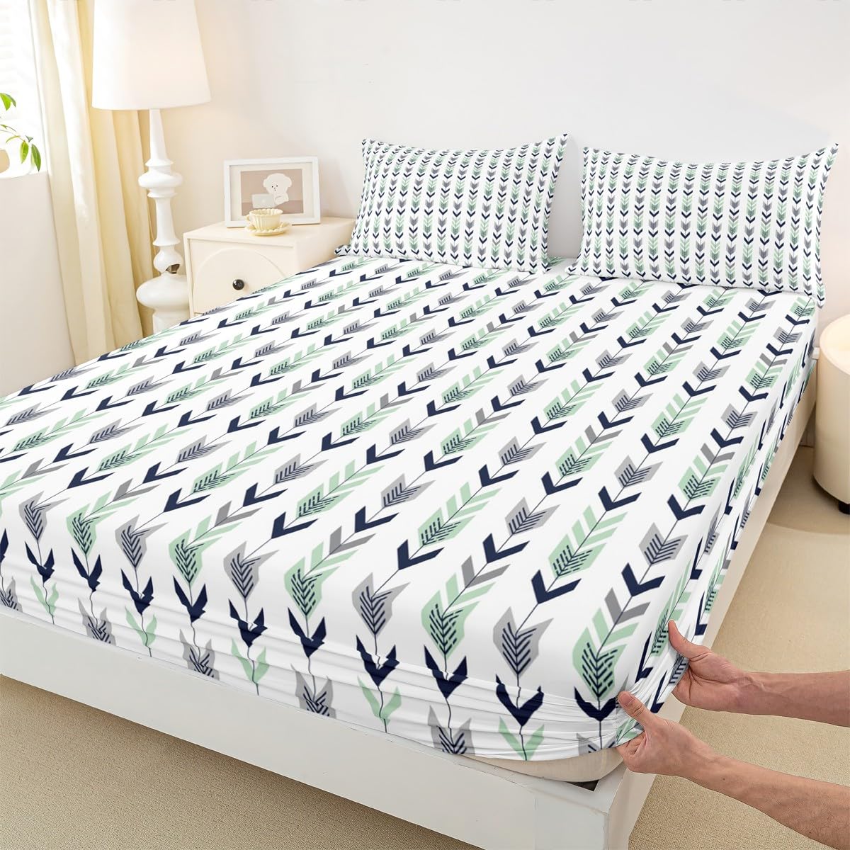 Geometric Arrows Fitted Sheet Full, Ethnical Pattern with Feathers Boho Exotic Bedding Set 3pcs for Kids Teens Room Decor,Native Tribal Teal Bed Cover