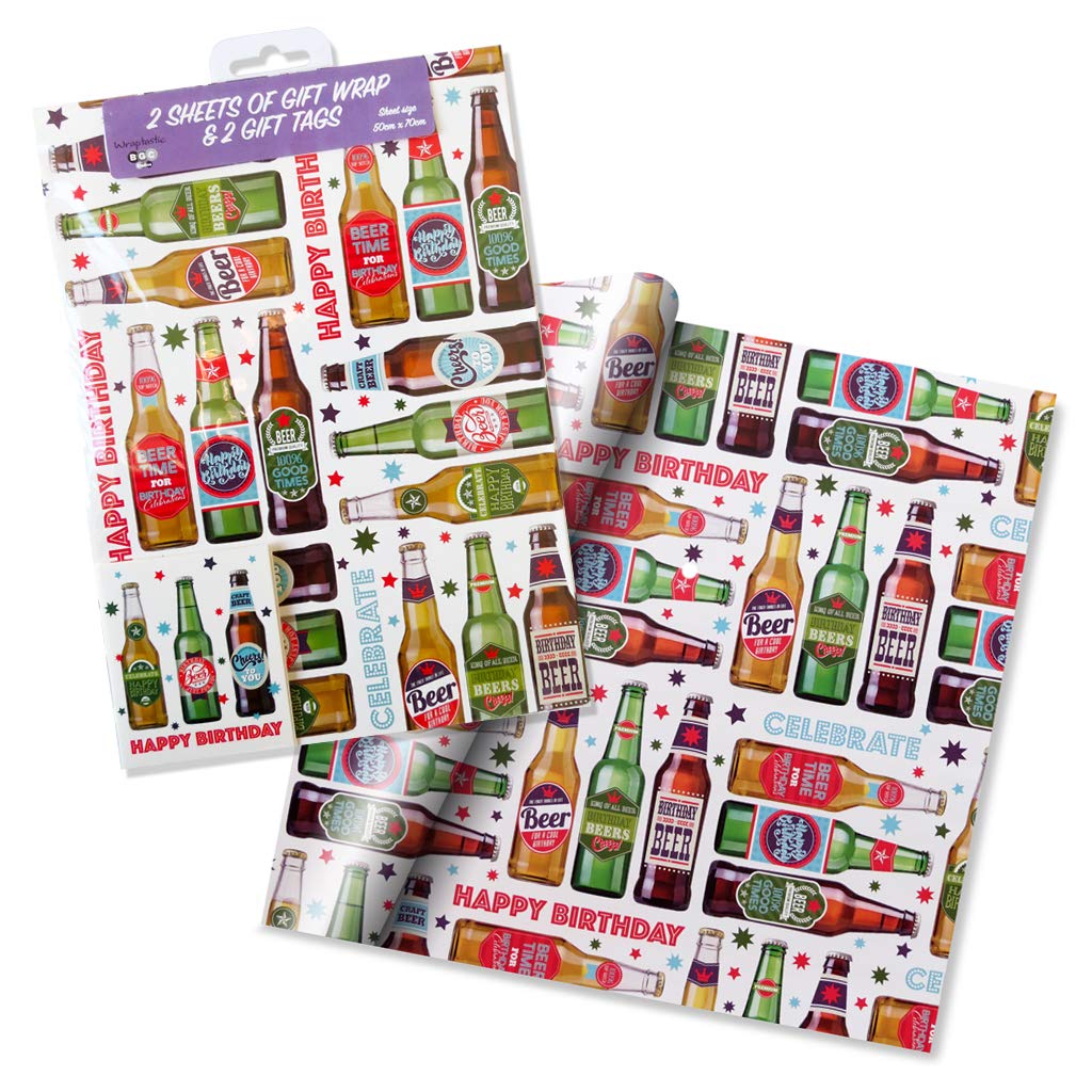 Wraptastic - Bottles of Beer - Gift Wrap - 2 Folded Sheets & 2 Tags - Happy Birthday