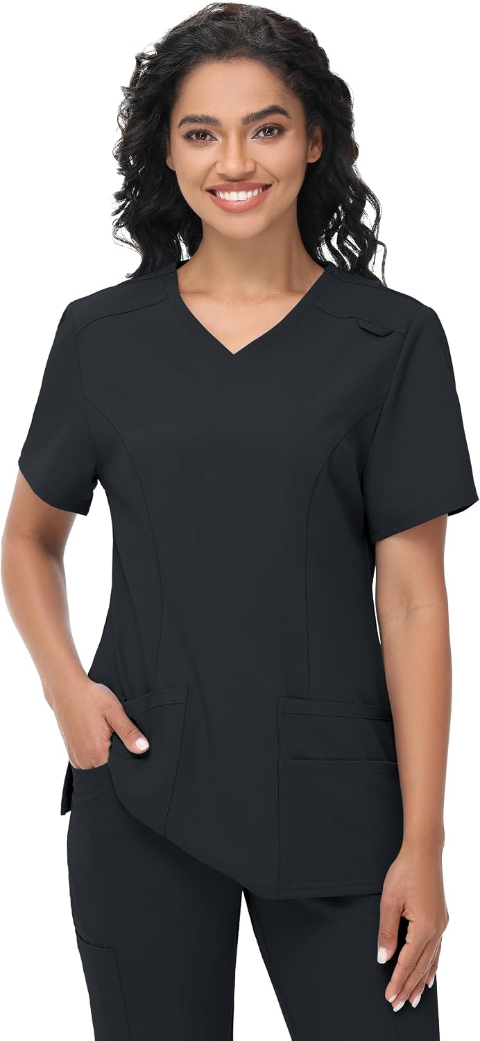 MIVEI Scrub Tops Women with 5 Pockets - Soft Stretch V-Neck Nurse Shirt Scrubs Anti-Wrinkle Back Princess Seams Classic Fit