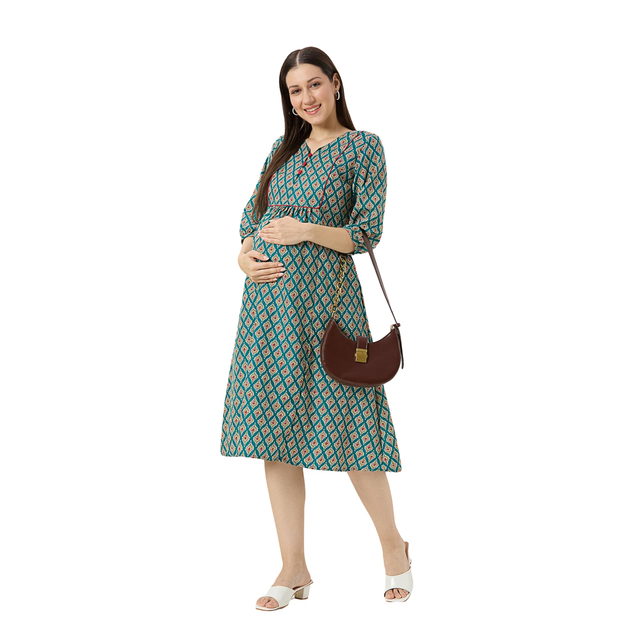 Green Printed Blend Maternity Dress-picture-16