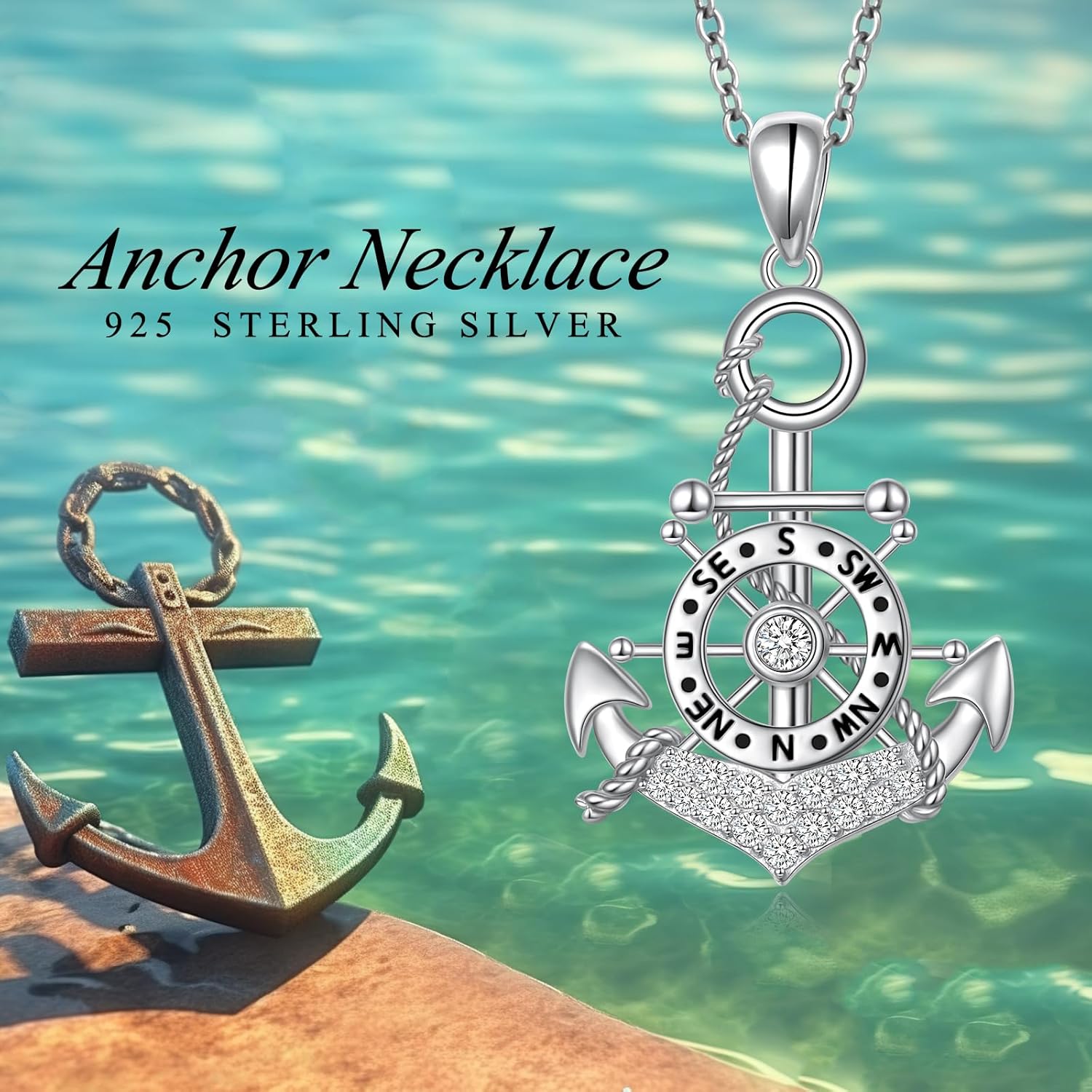 FLYOW 925 Sterling Silver Abalone Shell Pendant Compass/Anchor/Mountain/Astronaut Necklace Graduation Birthday Anniversary Christmas Jewelry for Women Men - Image 6