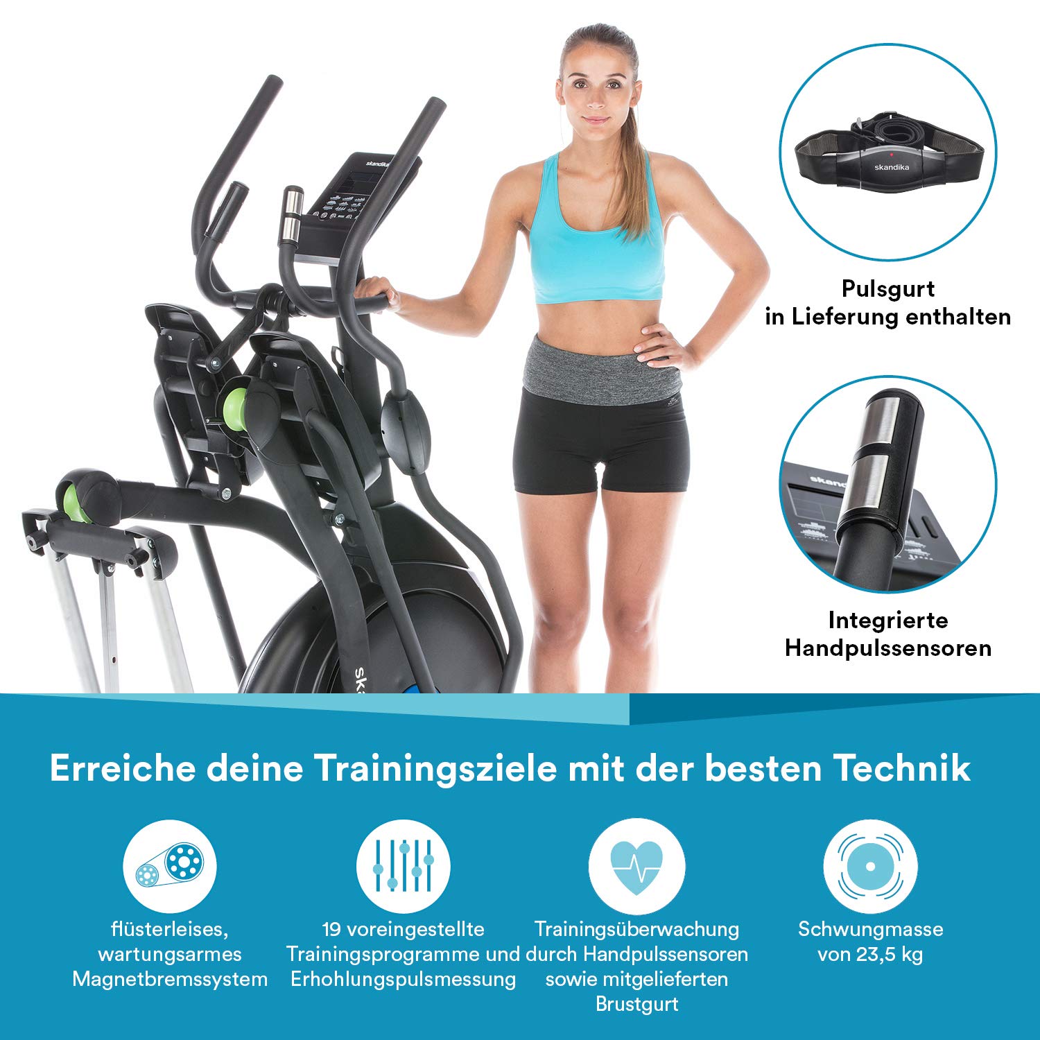 Skandika Crosstrainer für Zuhause Carbon Champ | CardioCross Crosstrainer klappbar platzsparend leise, 32 Stufen, 19 Programme, bis 150 kg, Kinomap App kompatibel, 24,5kg Schwungmasse, Ellipsentrainer