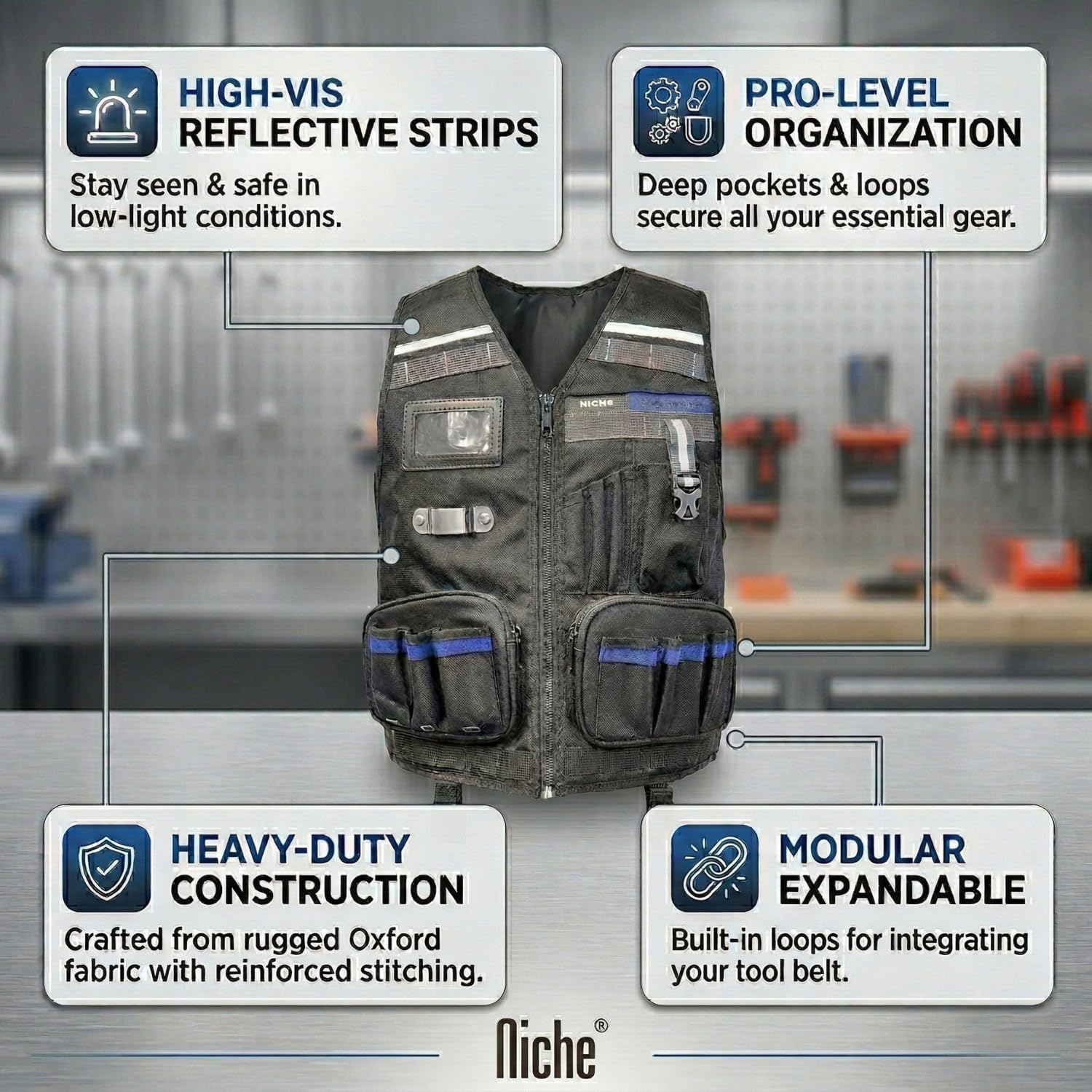 Niche Heavy Duty Tool Belt with Upgraded Anti-Drop Pocket, Adjustable Waist 38"-46", Multi-Pocket Work Belt for Carpenter, Electrician, Handyman, DIY (TL-6202 New)