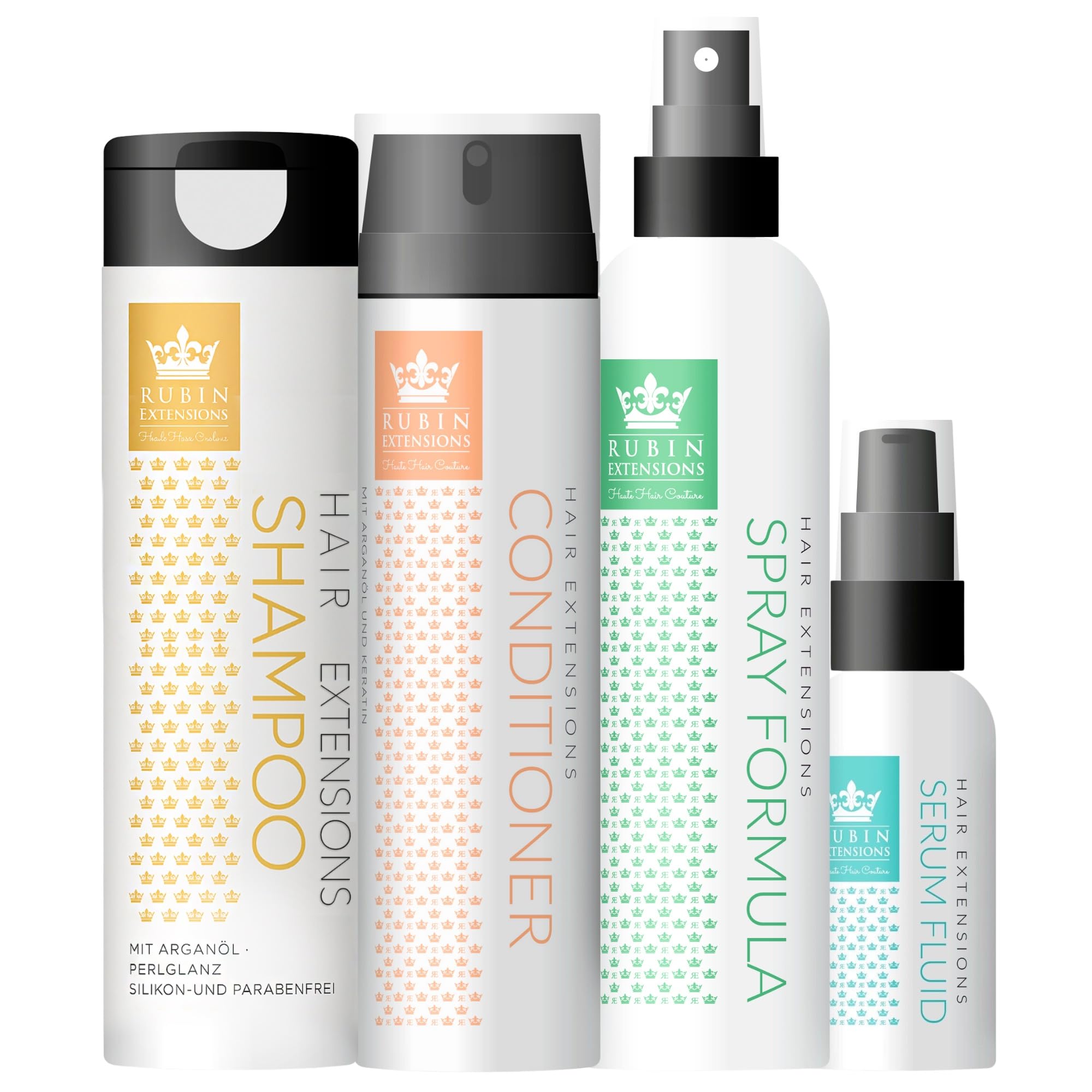 Rubin Extensions Komplett-Pflegeset – Conditioner 200 ml, Shampoo 250 ml, 2‑Phasen Spray 200 ml & Haarserum 50 ml – Extensions Pflege für Haarverlängerungen, Echthaar & Perücken – Sulfatfrei, Keratin