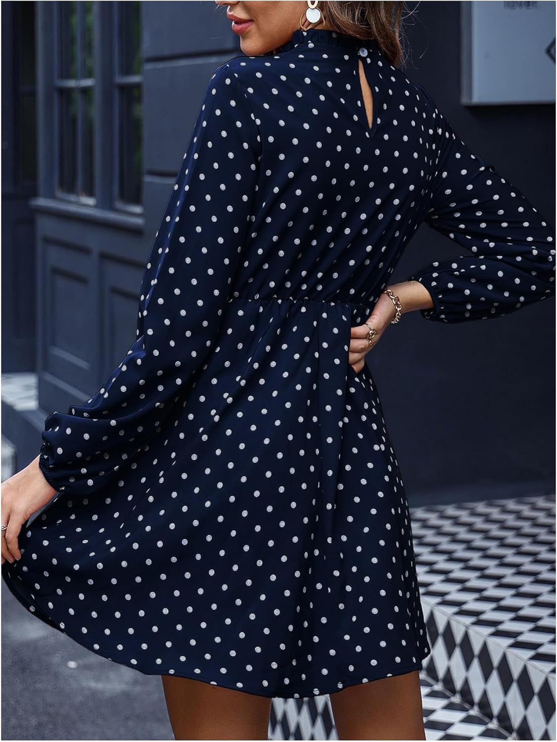 SweatyRocks Women's Polka Dots Mini Dress Vintage Mock Neck Long Sleeve A Line Short Dress - Image 2