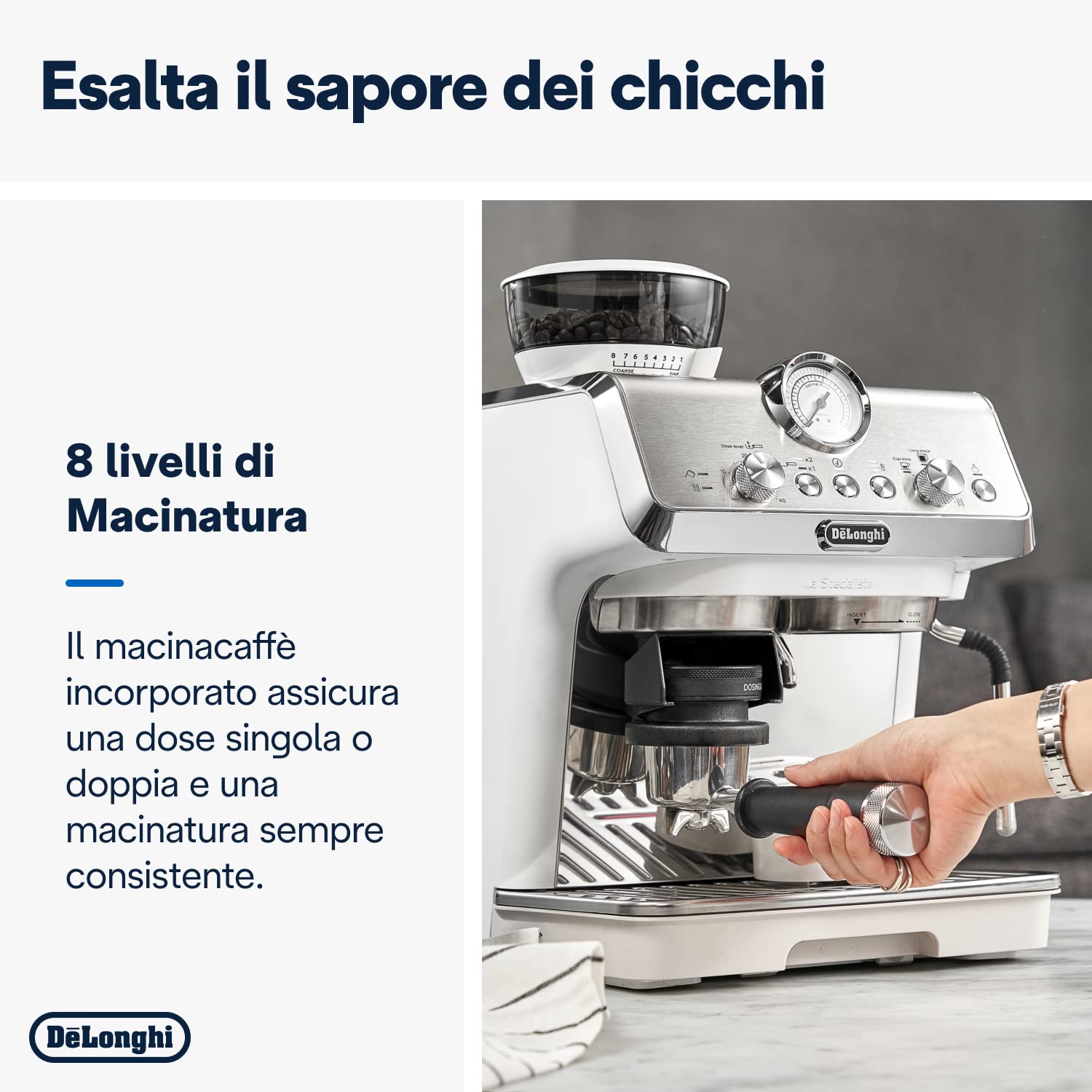 De'Longhi LA SPECIALISTA ARTE EC9155.W Macchina da caffè Manuale, 3 Ricette Preimpostate, Controllo Attivo della Temperatura, 8 Livelli di Macinazione, Lancia MyLatte Art, incluso KIT BARISTA, Bianco