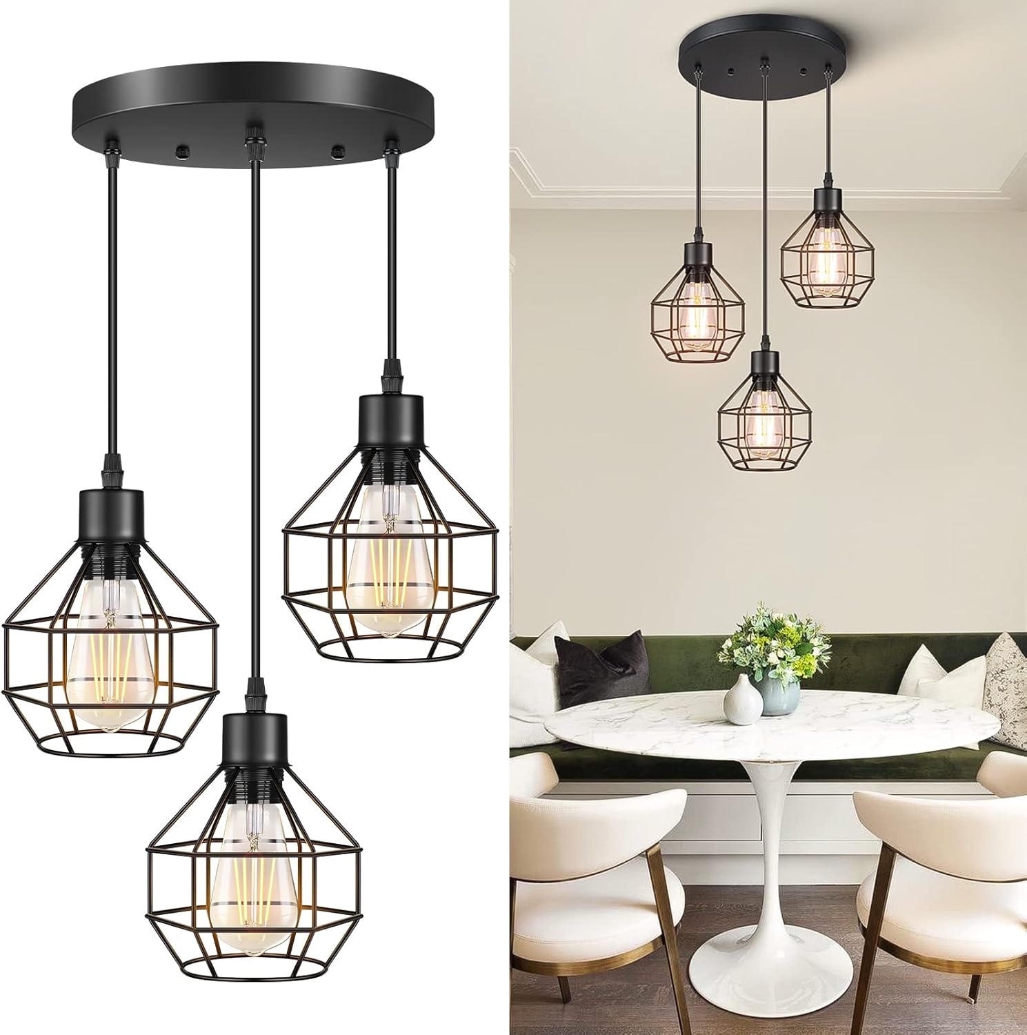 3-Light Industrial Pendant Lighting, Adjustable Hanging Pendant Light Fixtures, Vintage Black Metal Caged Pendant Light, Farmhouse Hanging Ceiling Light for Kitchen Island Dining Room Bedroom Hallway - - 