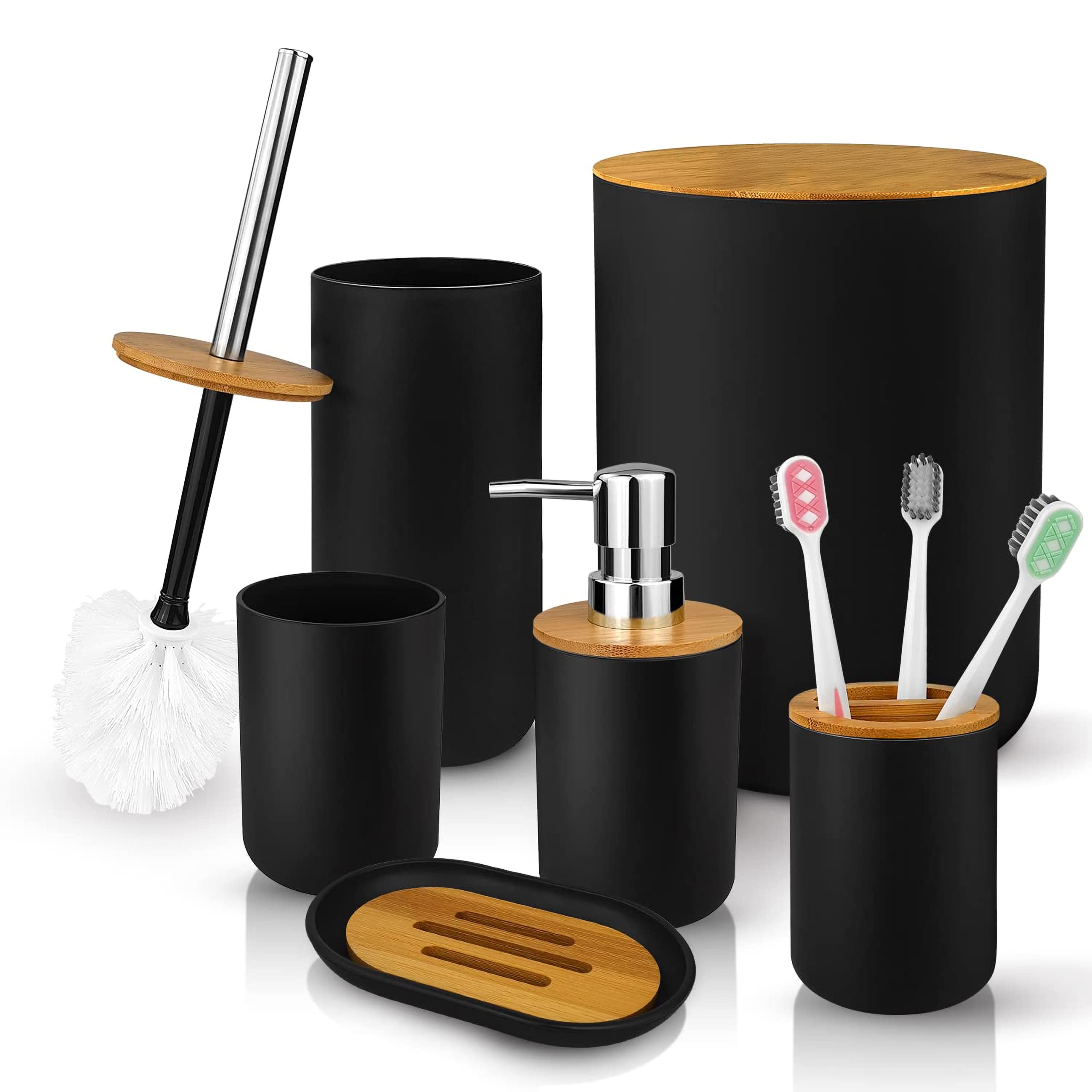 6-pcs Bathroom Accessory Set, | Bamboo Black Bathroom Set Includes Toothbrush Cup & Holder, Soap Dispenser, Soap Dish, Durable Toilet Brush with Holder - Modern Trash Can (BLACK)