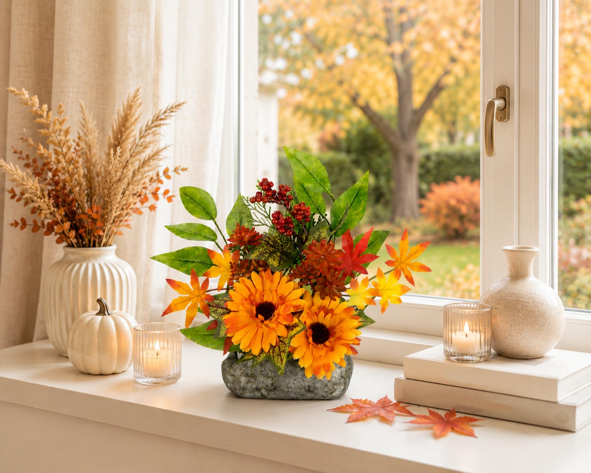 Künstliches Gerbera Blumengesteck auf Kunststein – Kunstblumen mit Herbstlaub & Beeren – Dekogesteck ca. 23 x 24 x 10 cm – Herbstdeko, Tischdeko & Pflegeleichte Blumendekoration