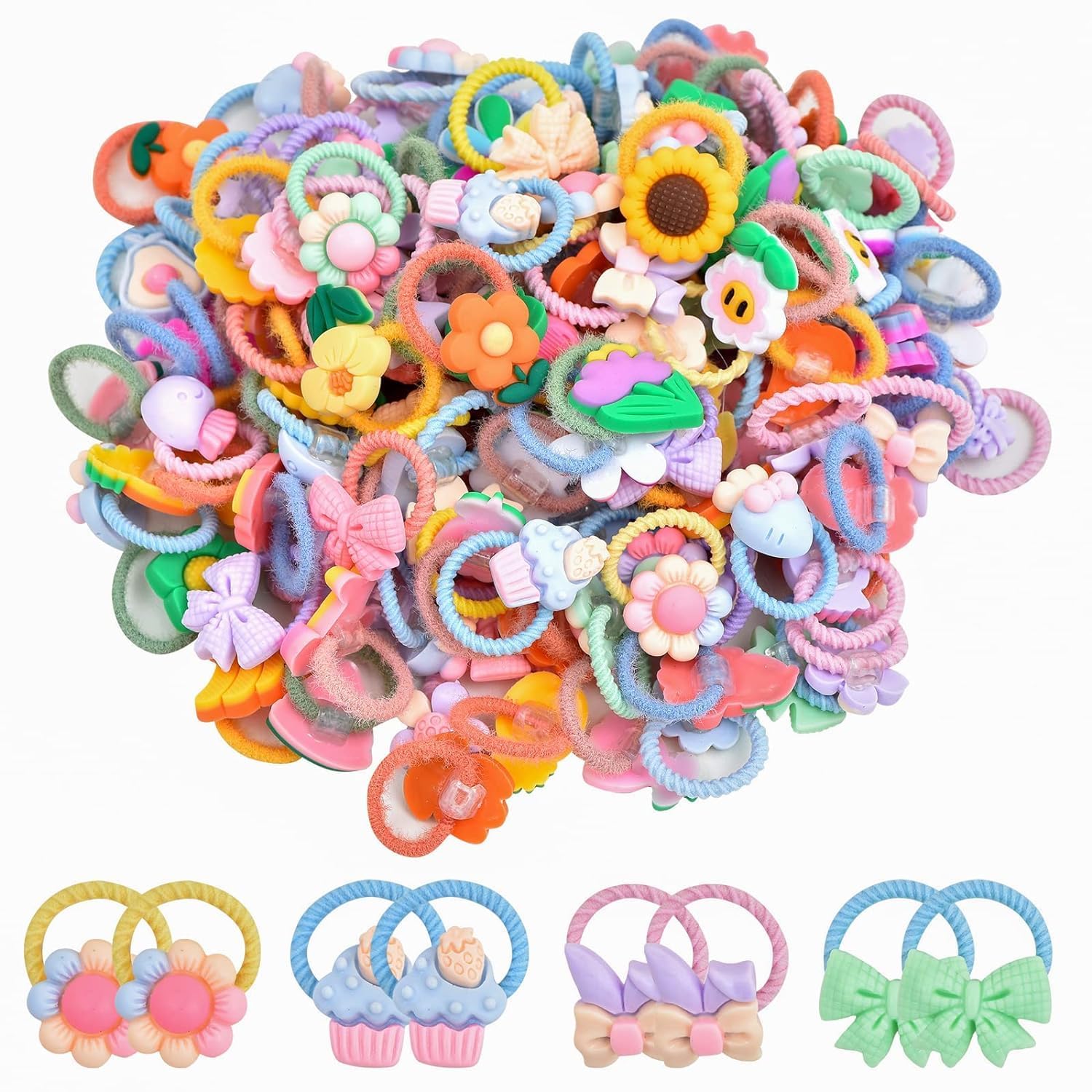 H-STYLE STORE Hair Bands for Girls, Cartoon Animal Flower Design Elastic Ponytail Holders, Pack of 6 Pairs, Random Colours