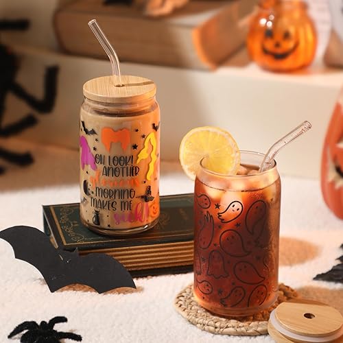Miniatura 5 de OhLook - Taza de cristal para beber de fantasmas de Halloween, calabaza espeluznante de 16 onzas con tapa y popote en forma de lata de vidrio con
