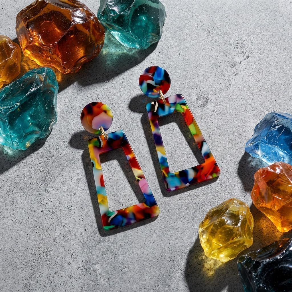 Acrylic Earrings for Women, Multicolor Resin Clip On Earrings Statement Dangle Drop Jewelry for Vintage 80s 90s Party