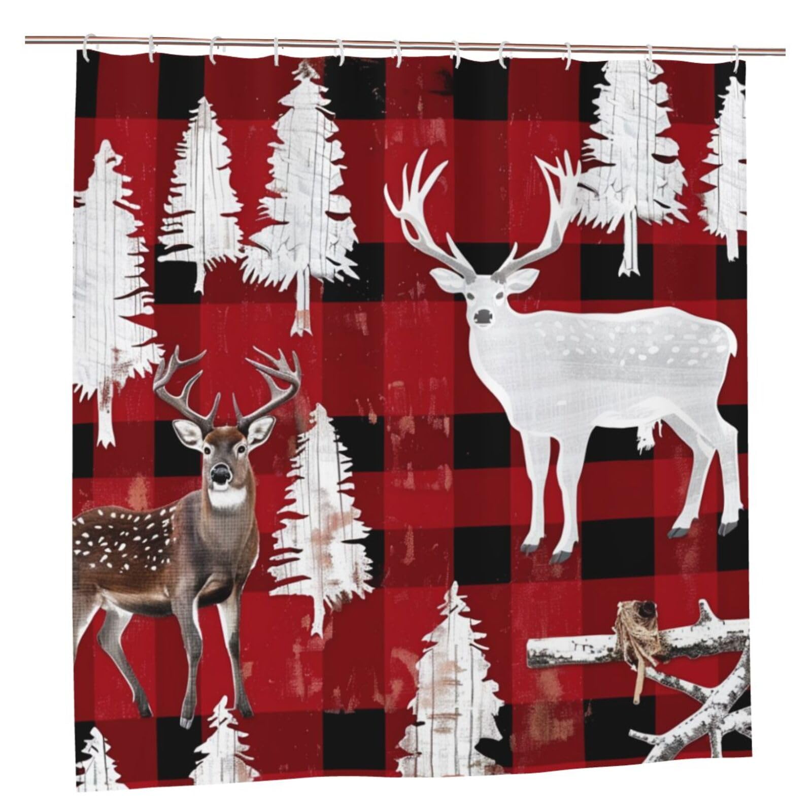BWWHCCTI Cow deer tree christmas Printed Shower Curtain With 12 Plastic Hooks Opaque Quick Drying Waterproof Shower Curtains Sets For Bathroom 183x183 CM