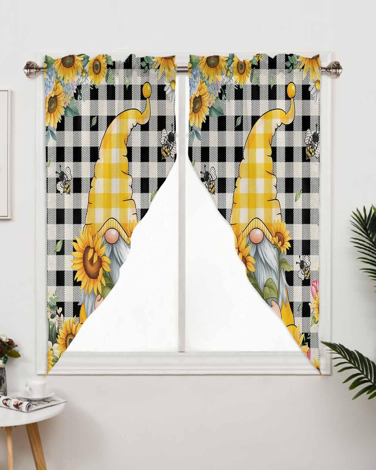Swag Curtain Valance for Kitchen, Sunflower Gnome Bees Flowers Vintage Black Plaid Window Treatment Rod Pocket Bedroom Tier Curtains for Bathroom Farmhouses 28"x36"x2