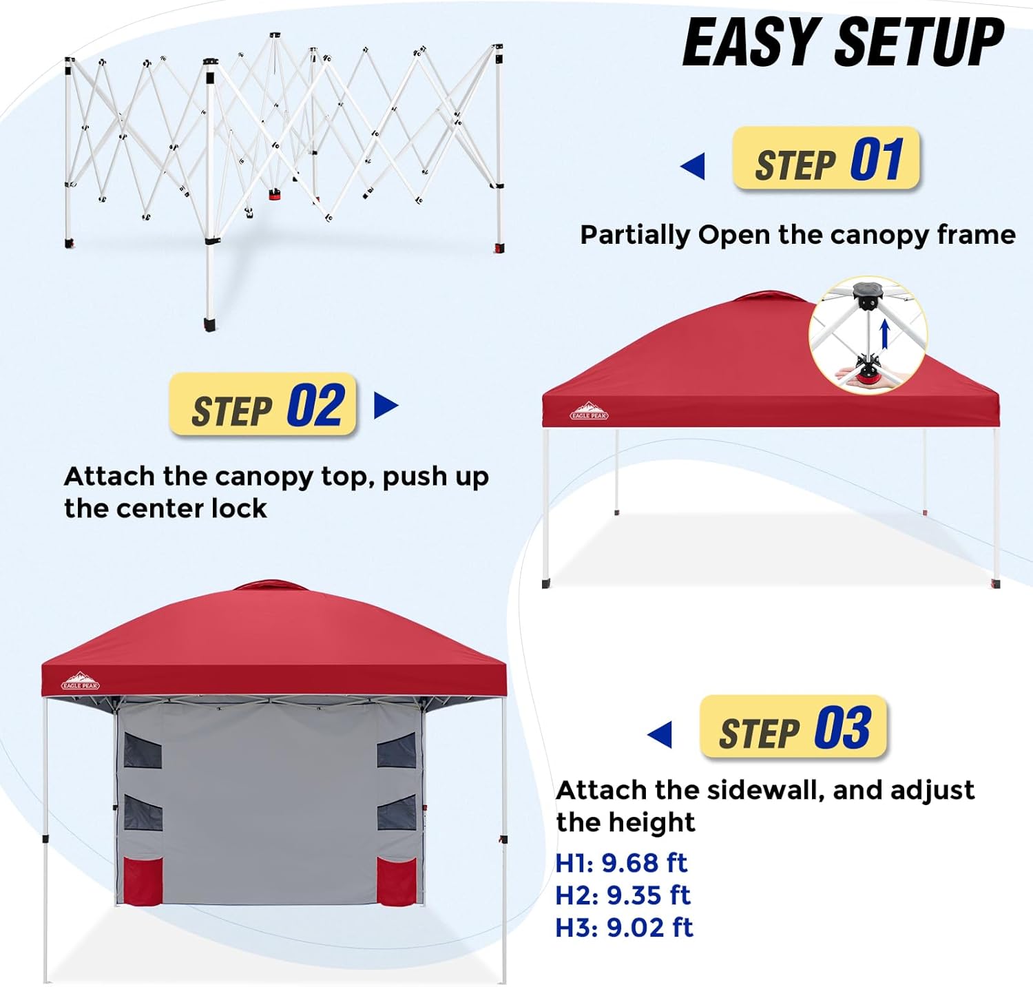 EAGLE PEAK Commercial Canopy 10x10 with Sidewall Storage, Easy OnePerson Setup Pop Up Canopy Tent with Roller Bag, Stakes, Ropes, and Weight Bags, Red