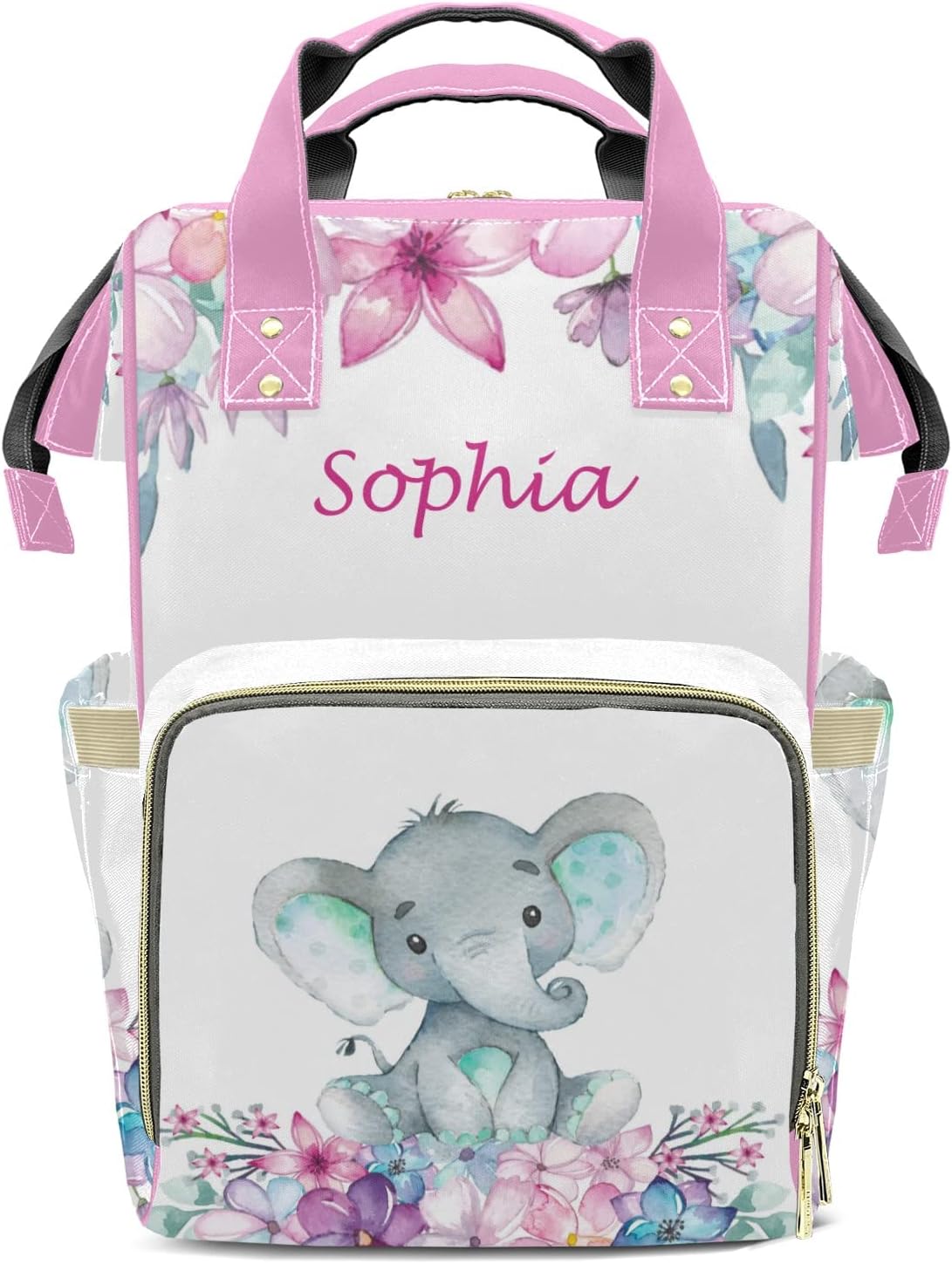 Elephant Flowers Diaper Bag Backpack Multifunction Bags with Changing Pad Unisex Stylish Travel Back Pack Nappy Custom Bag for Moms Dads 10.8"x7.8"x15.7"