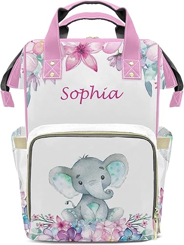 Mochila de pañales con nombre de elefante, bolsa multifunción de gran capacidad para mamá, papá, unisex, niño y niña, Diseño 3, Personalizado