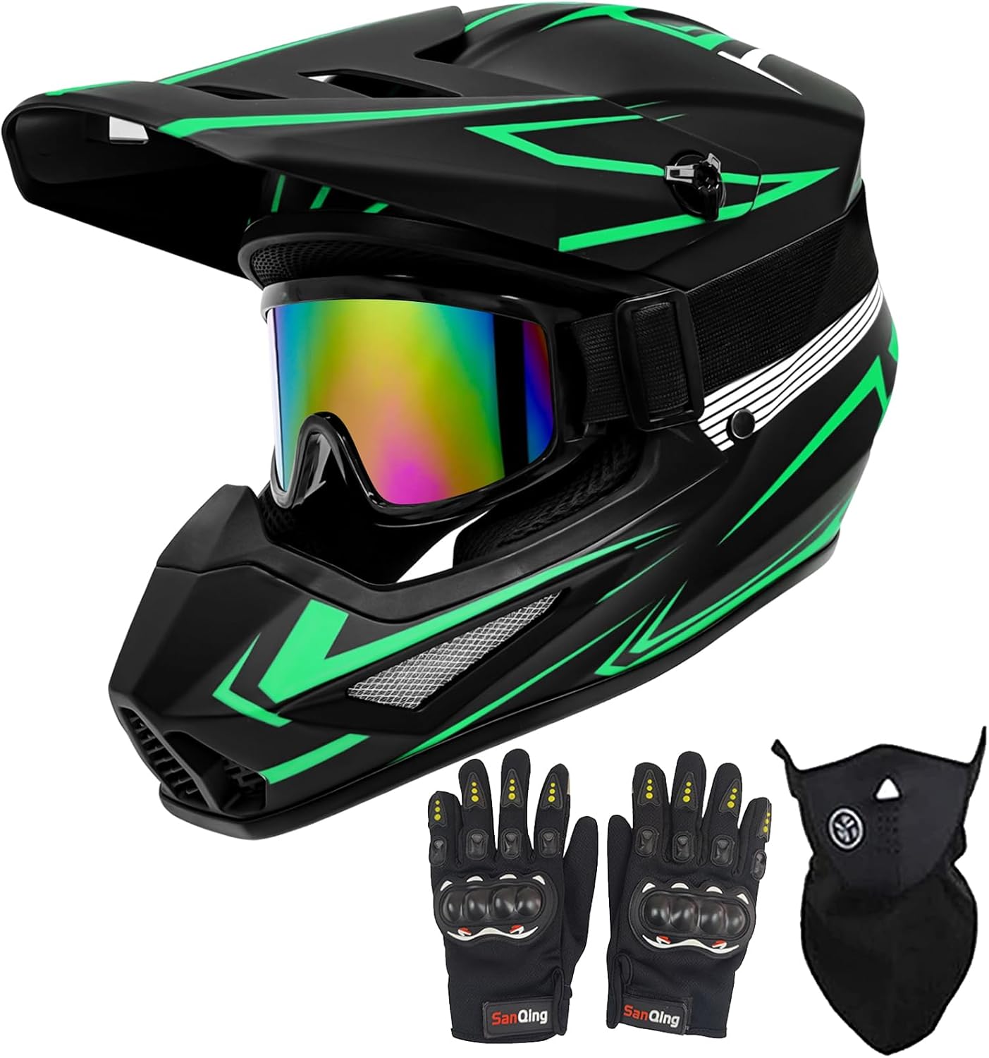 Youth Motorcross Helmet, Kids Dirt Bike Helmets, Motorcycle Helmets Off-Road Mountain Bike BMX MX ATV Helmet with(Gloves Goggles Mask) 4Pcs Set - DOT Approved (B-Green, Medium) B-Green Medium
