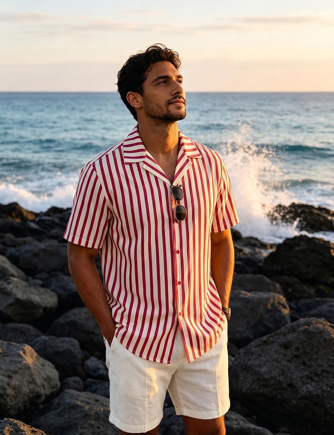 JEMITOP Men's Classic Striped Seersucker Cuban Collar Shirt Short Sleeve Button Down Texture Shirts for Beach Vacation