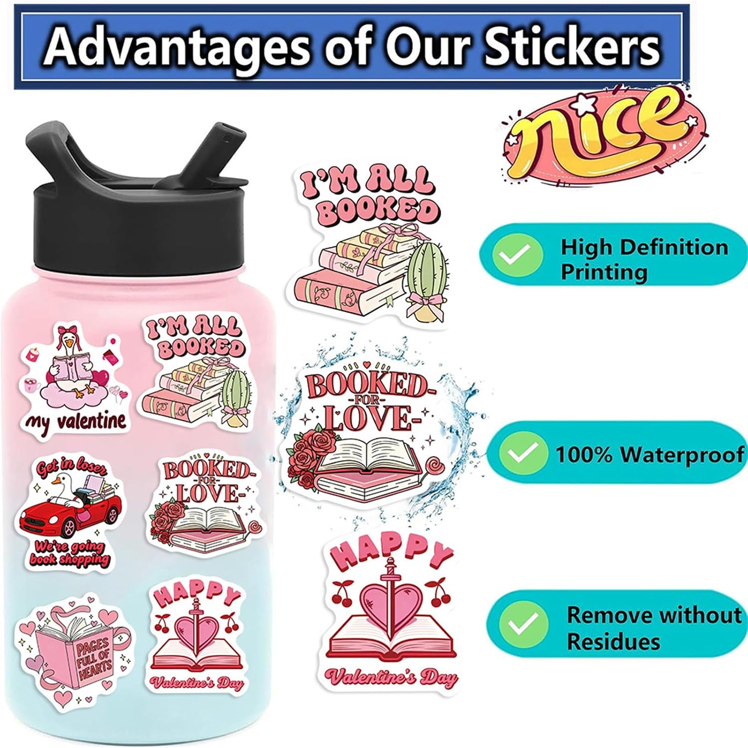 50PCS Valentine's Day Book Stickers for Kindle Adult,Bookish Romantic Love Booktok Pink Romance Case Journal Water Bottle Sticker Book Lover Gift Funny Aesthetic Pink Laptop Phone Decal Decor