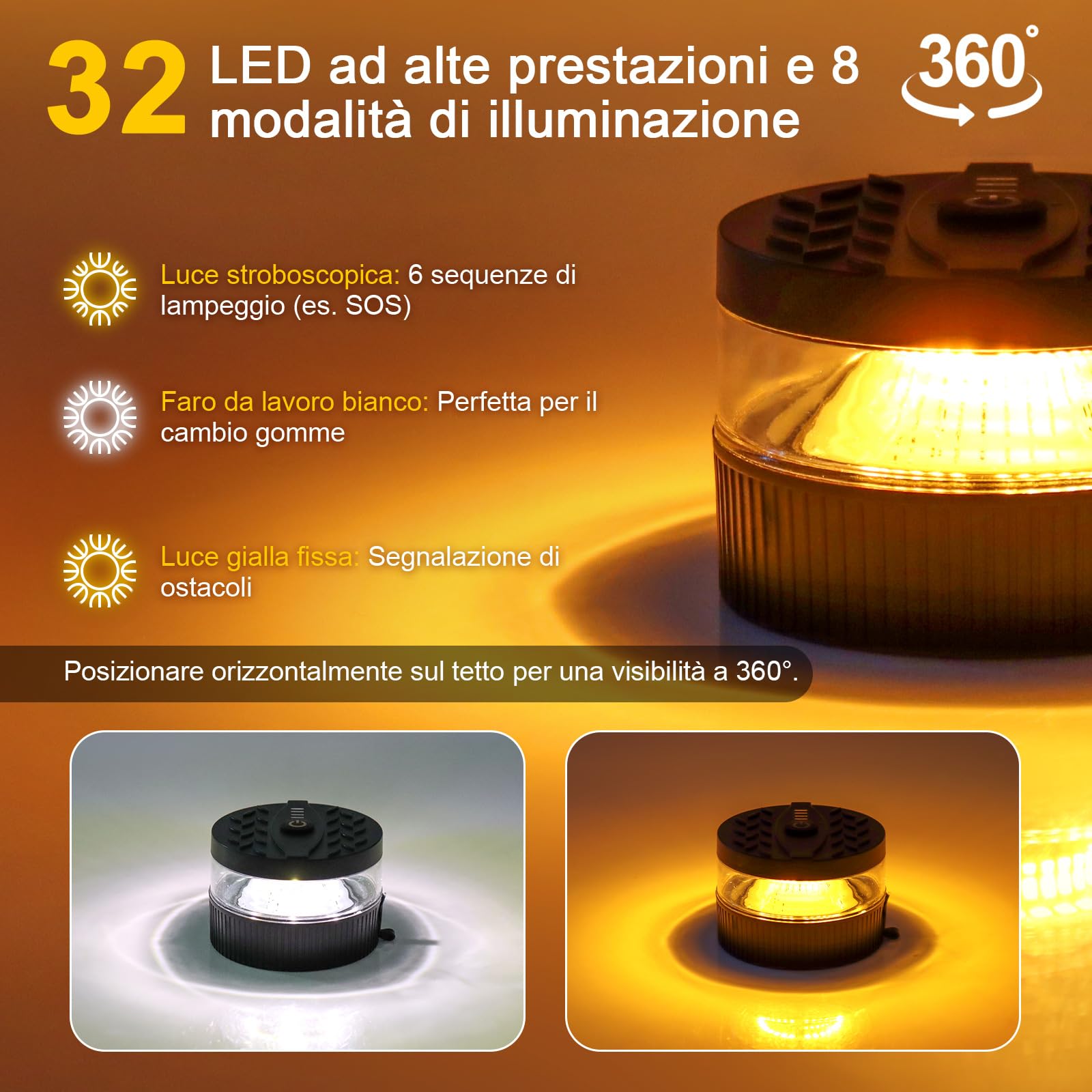 Lampeggiante LED Auto Magnetico Ricaricabile, 32 LED Arancione, USB-C & Impermeabile IP67, 8 Modalità Flash & Visibilità 200m per Camion, Trattore, Muletto, Rimorchio & Emergenza
