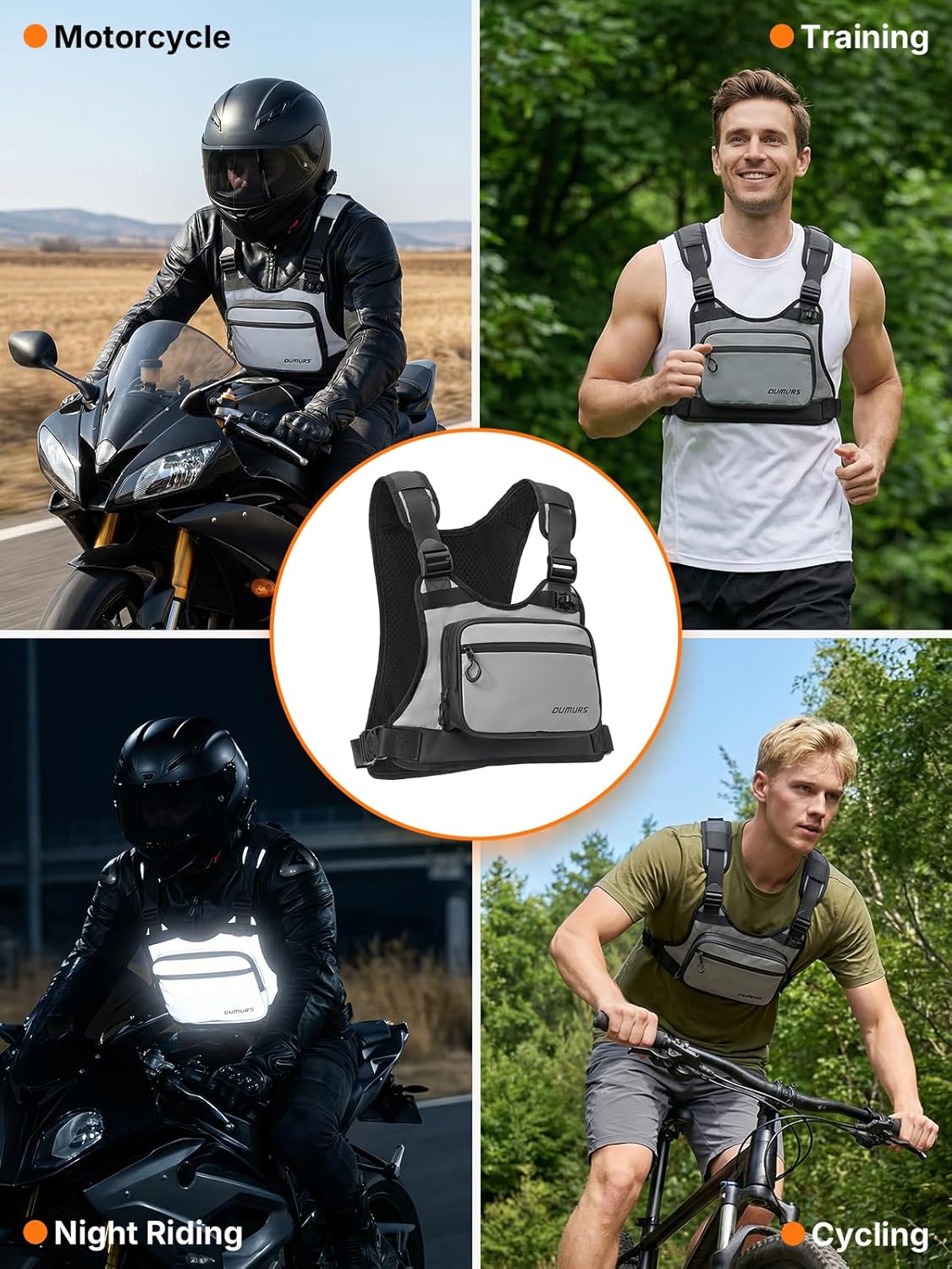 Reflective Motorcycle Chest Bag with Quick-Release Buckle for Men & Women, Water-Resistant 1800D Chest Pack, 2L Hydration Compatible, High Visibility for Riding, Cycling, Hiking