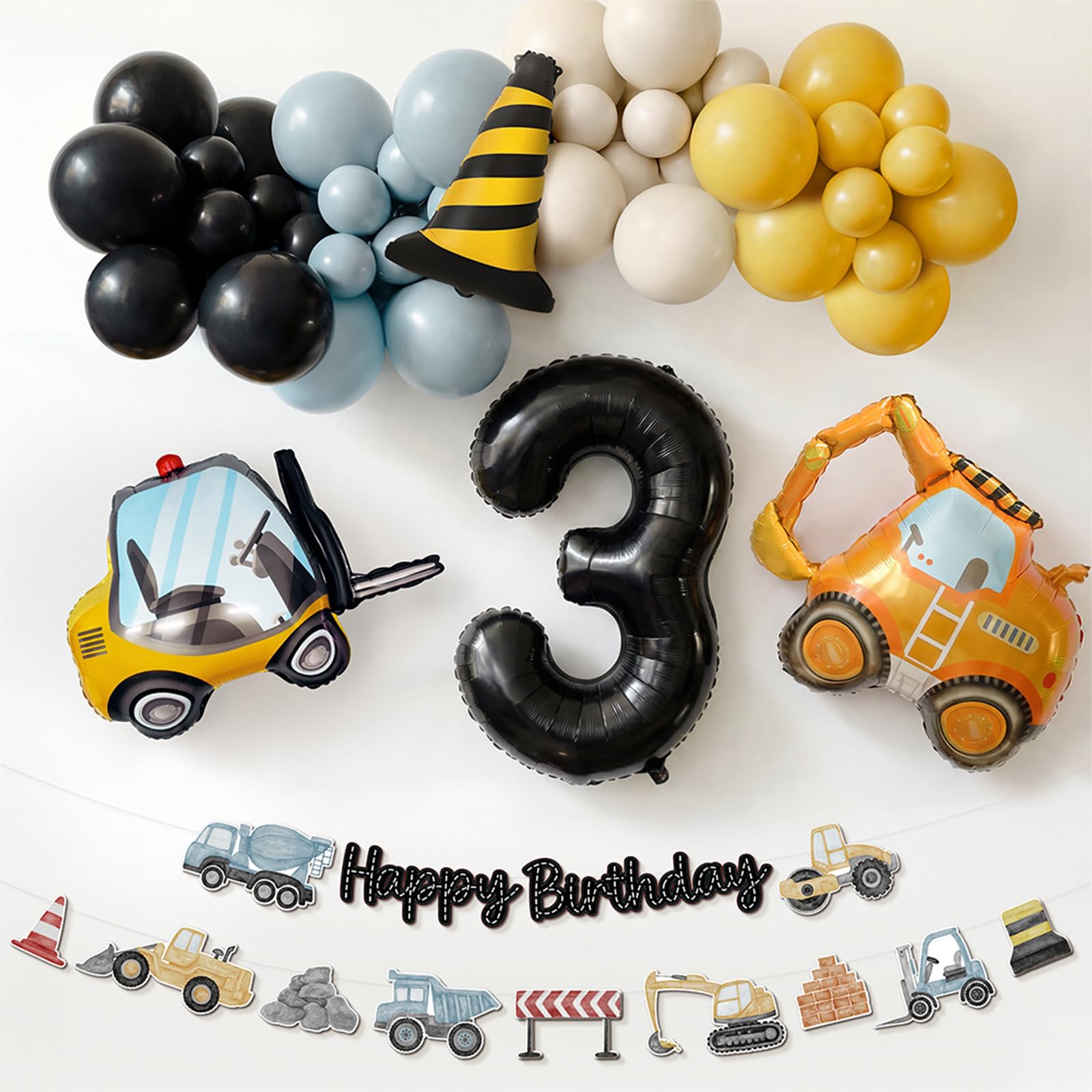 3rd Birthday Decorations Boy - Digger Birthday Decorations Construction Balloons Arch Kit with Foil Excavator Balloons 32Inch Number 3 Balloon and Happy Birthday Banner