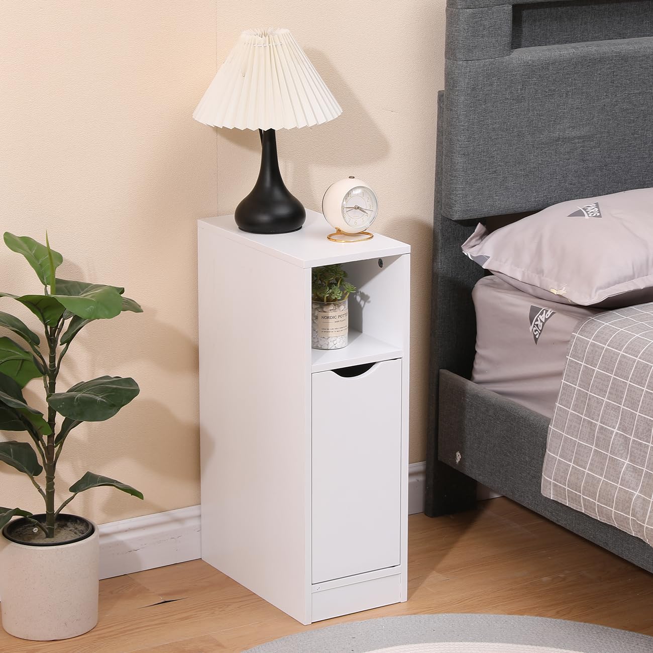 Menaka 20CM Narrow Bedside Table Cabinet with Charging Station, Slim Side Table Bed Side Nightstand with USB Ports & Power Sockets for Bedroom Living Room (white matte door, no charging) โ image 1