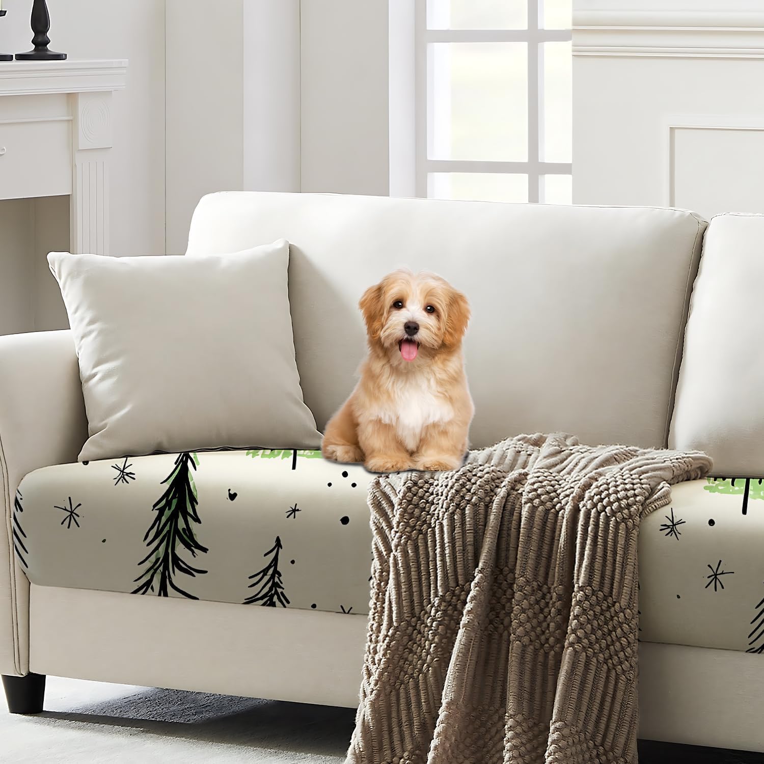 Christmas Tree and Snowflake Couch Cushion Cover – Festive Winter Design with Green Trees and Snow, Non-Slip, Decorative Sofa Seat Protector,M,1PC