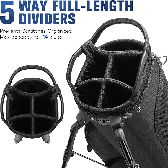 Lightweight 8.5 Top Golf Stand Bag with 5 Way Full-Length Dividers, 6 Pockets, Cooler Bag, Dual Padded Straps and Rain Hood, Waterproof Golf Bags for Men Women.