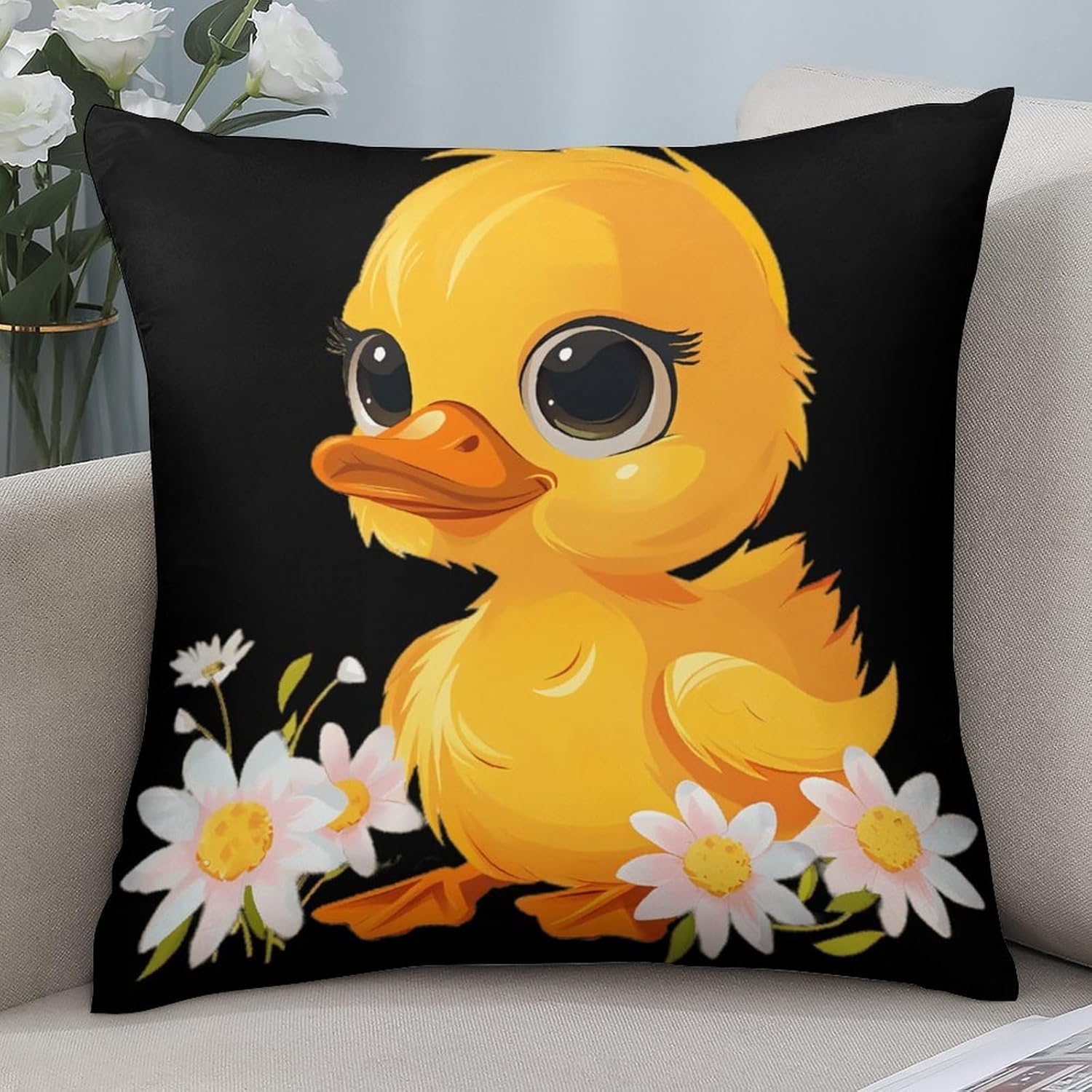 Yellow Duck with Daisies Printed Throw Pillow Case 4 Pcs Soft Pillowcases Pillows Covers Sofa Bed Decor 12/14/16/17/18/20/22/24/32 Inches
