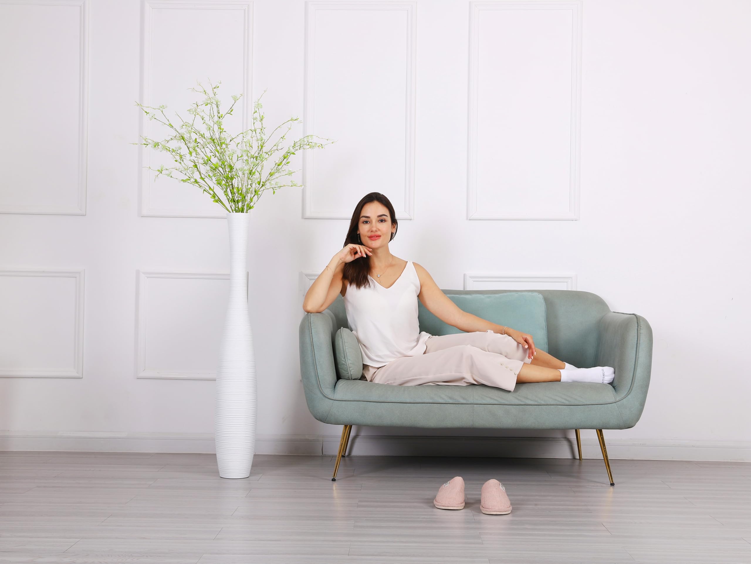 Leewadee Vaso Bianco Decorativo Per Fiori O Pampas Da Interno Da Terra, Alto 105 cm, Resina