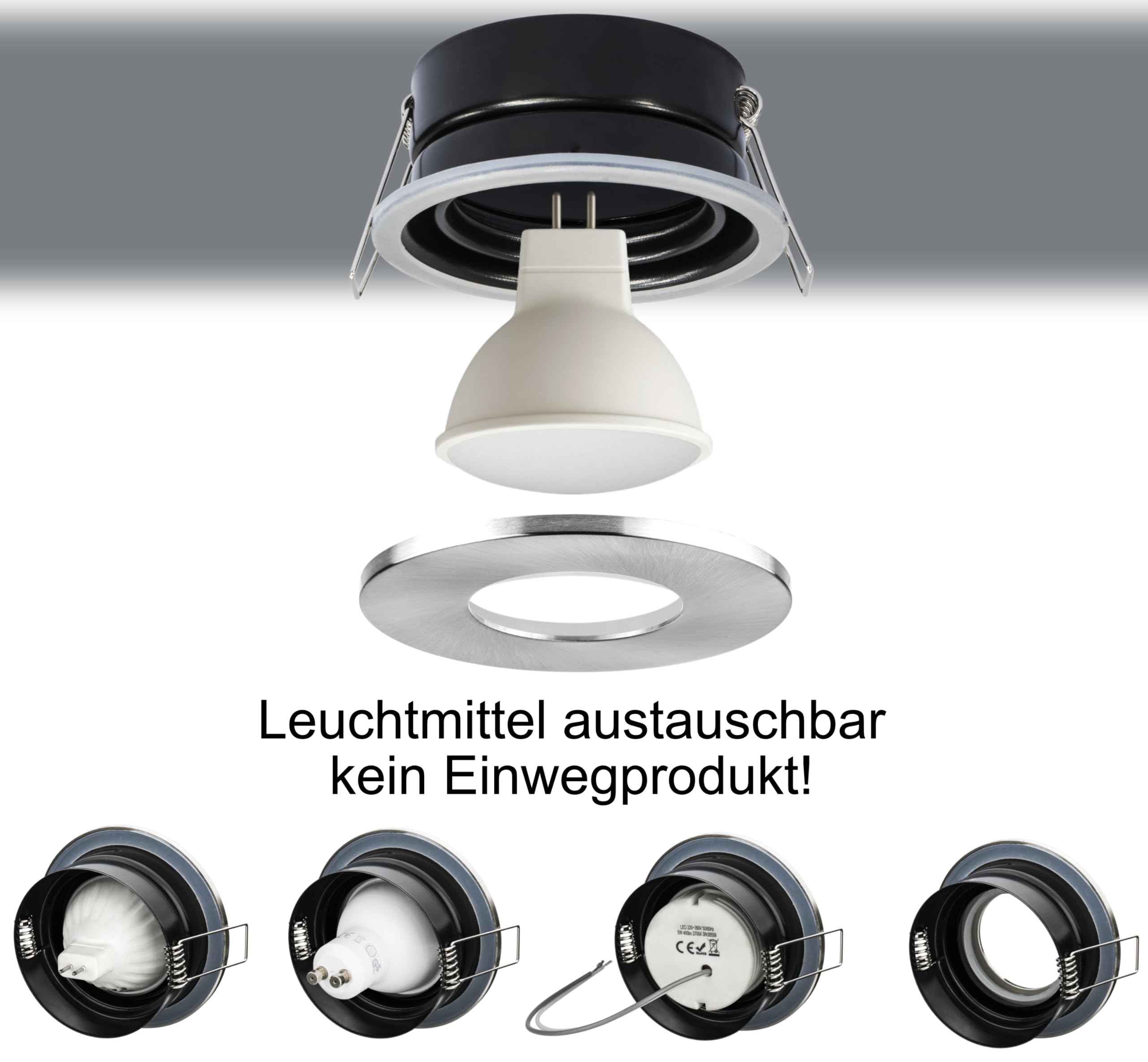 JungesLicht - Faretto da incasso IP65 da 12 V con trasformatore, 3 lampadine LED da 4 W – intercambiabili, foro 68 – 72 mm, esterno 83 mm, profondità 65 mm, set completo, lampada da incasso per bagno