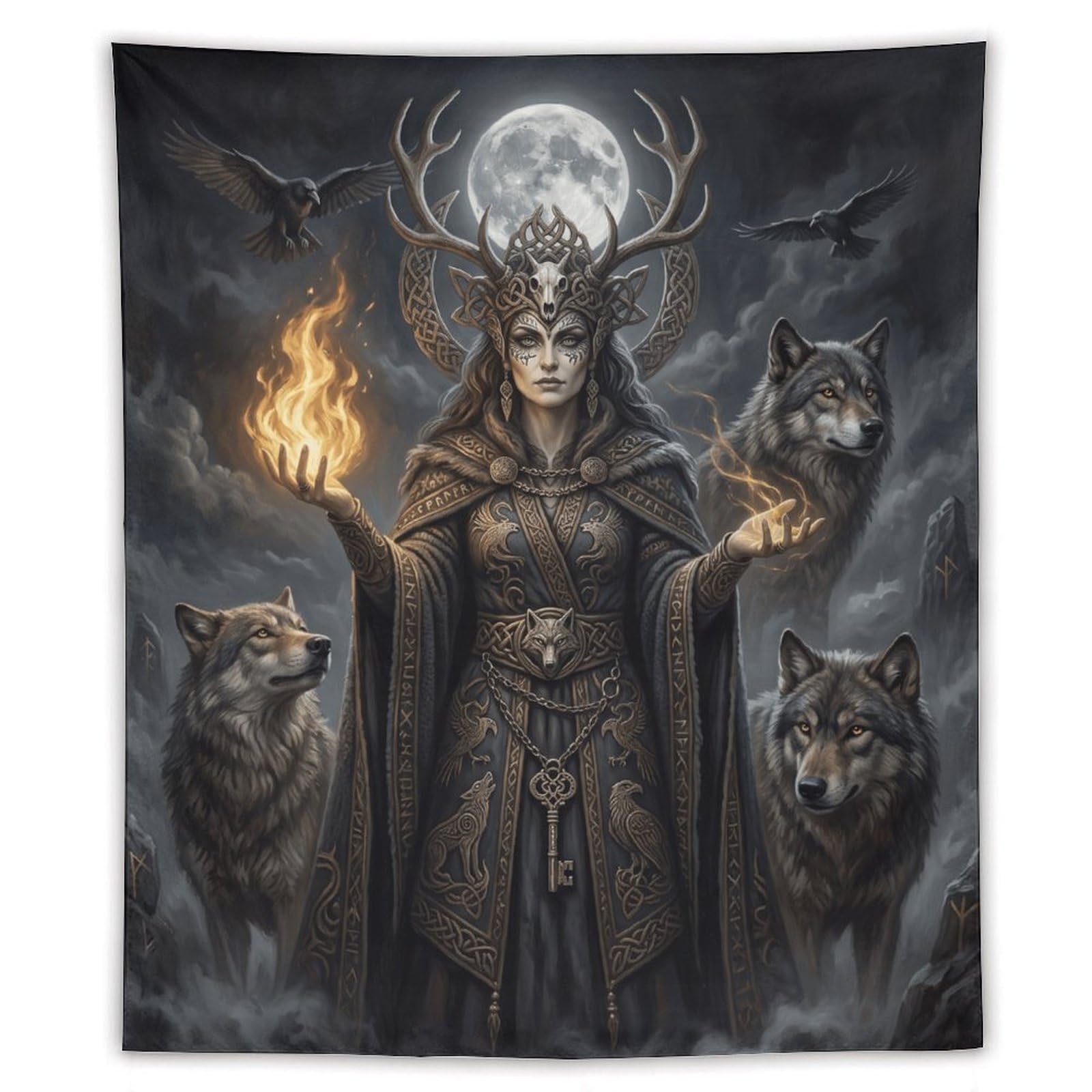 Wolf Goddess Moonlit Wall Tapestry, Realistic Illustration, Bedroom