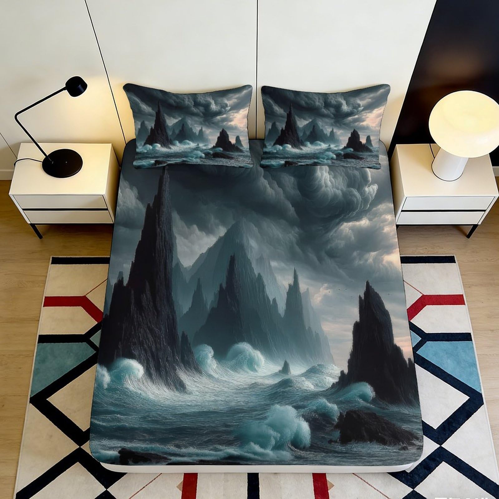 3D Printed Stormy Ocean Fitted Sheet Microfiber Durable Soft 3D Printed Rocky Sea Mattress Cover for Bedroom Dormitory Guest Room Protection 140x200x25cm