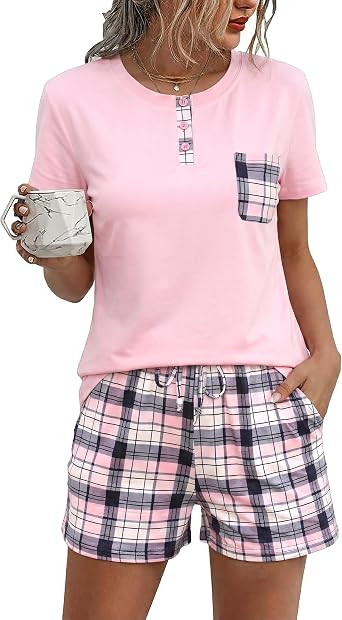 Litherday Women's Pyjamas Sets Cotton Short Sleeve Soft 2 Pieces Pjs Set Loungewear Sleepwear Nightwear Casual Summer Checked Shorts with Pocket