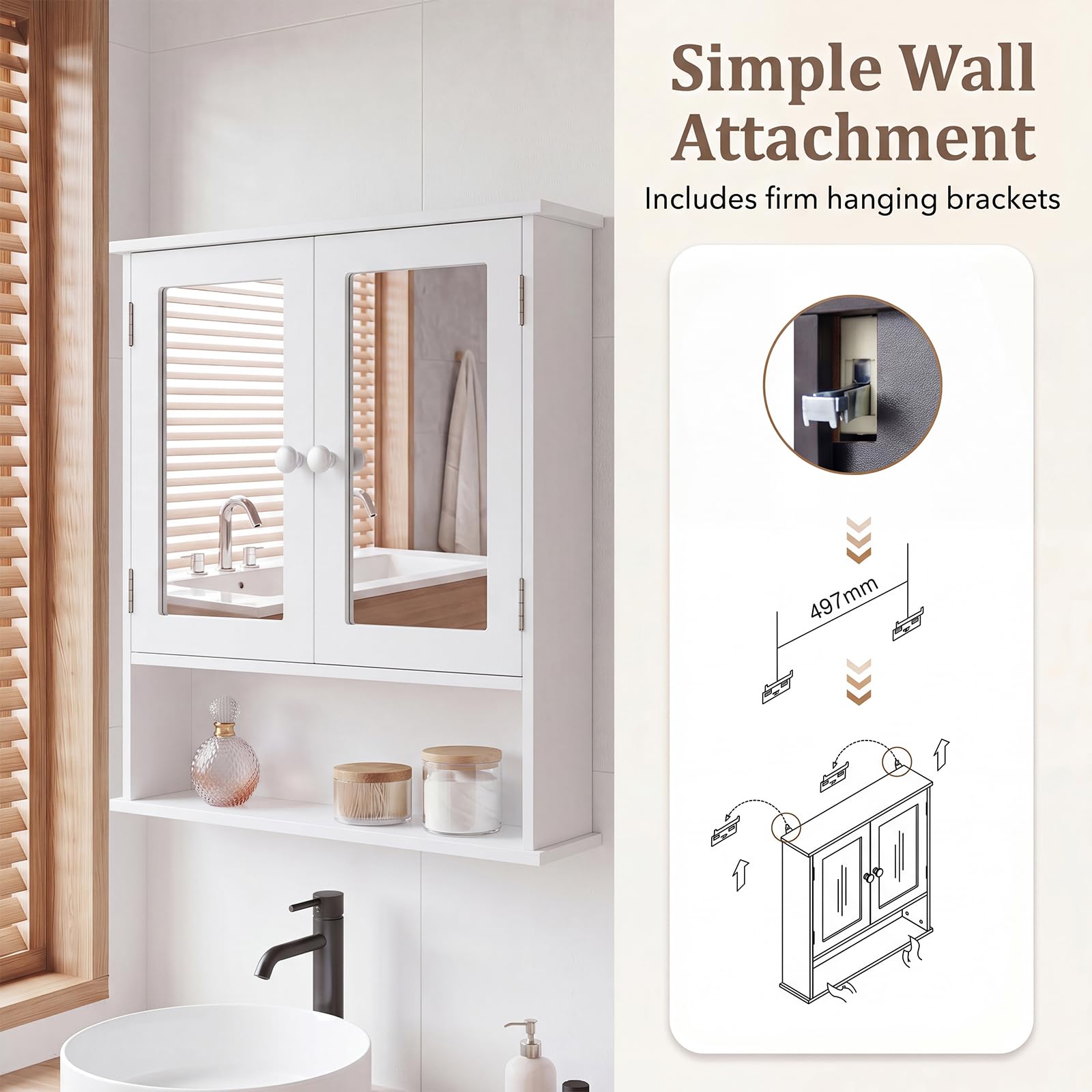 GIANTEX Moderno Armadietto da Bagno con Specchio (Bianco) | Mensola Regolabile e Scomparto Aperto, Mobile Salvaspazio per Bagno, Soggiorno, Ingresso