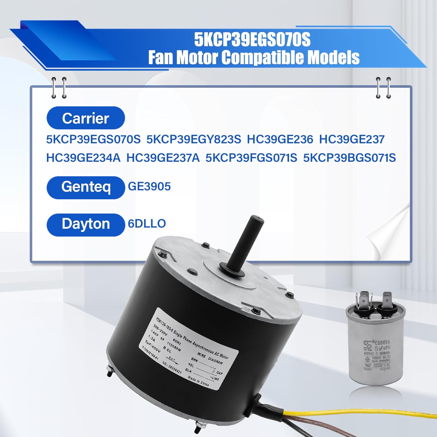 5KCP39EGS070S Fan Motor Compatible with Genteq GE3905/Dayton 6DLL0/Bryant Payne HC39GE234A,5KCP39EGY823S Condenser Motor,1/4HP 1100RPM 208-230V