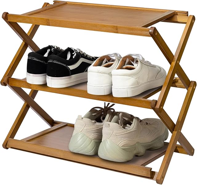 hi-home Shoe Rack Small 3 Tier, Bamboo Shoe Storage Installation-free Shoe Shelf, Folding Narrow Shoe Stand for Bedroom Bathroom Kitchen Entryway Hallway and Small Space, 50x42x24CM