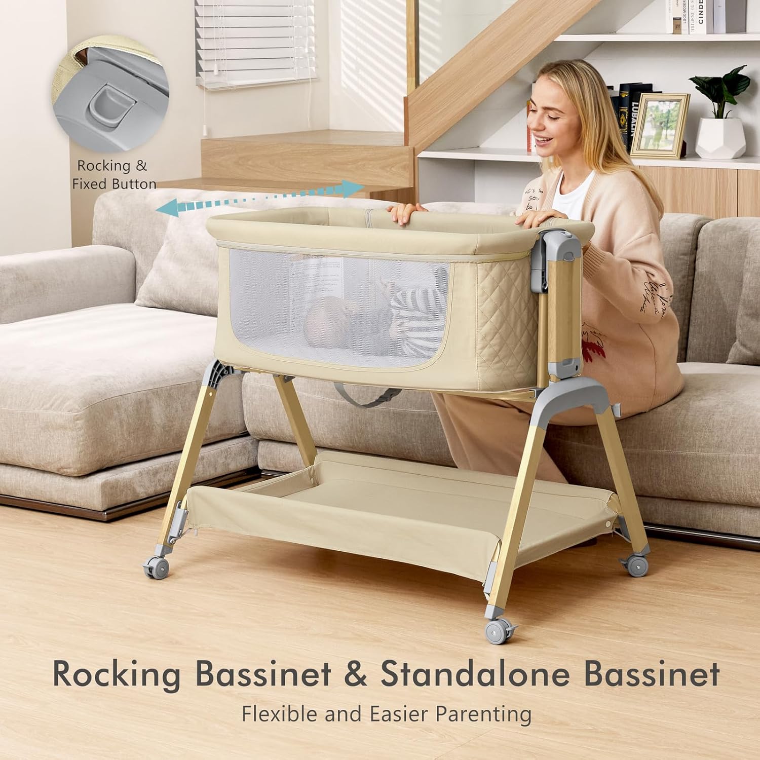 Bassinet Bedside Sleeper, Rocking Bassinets with Comfy Mattress and Wheels for Newborn, 5-Height Adjustable (Beige) - Image 7