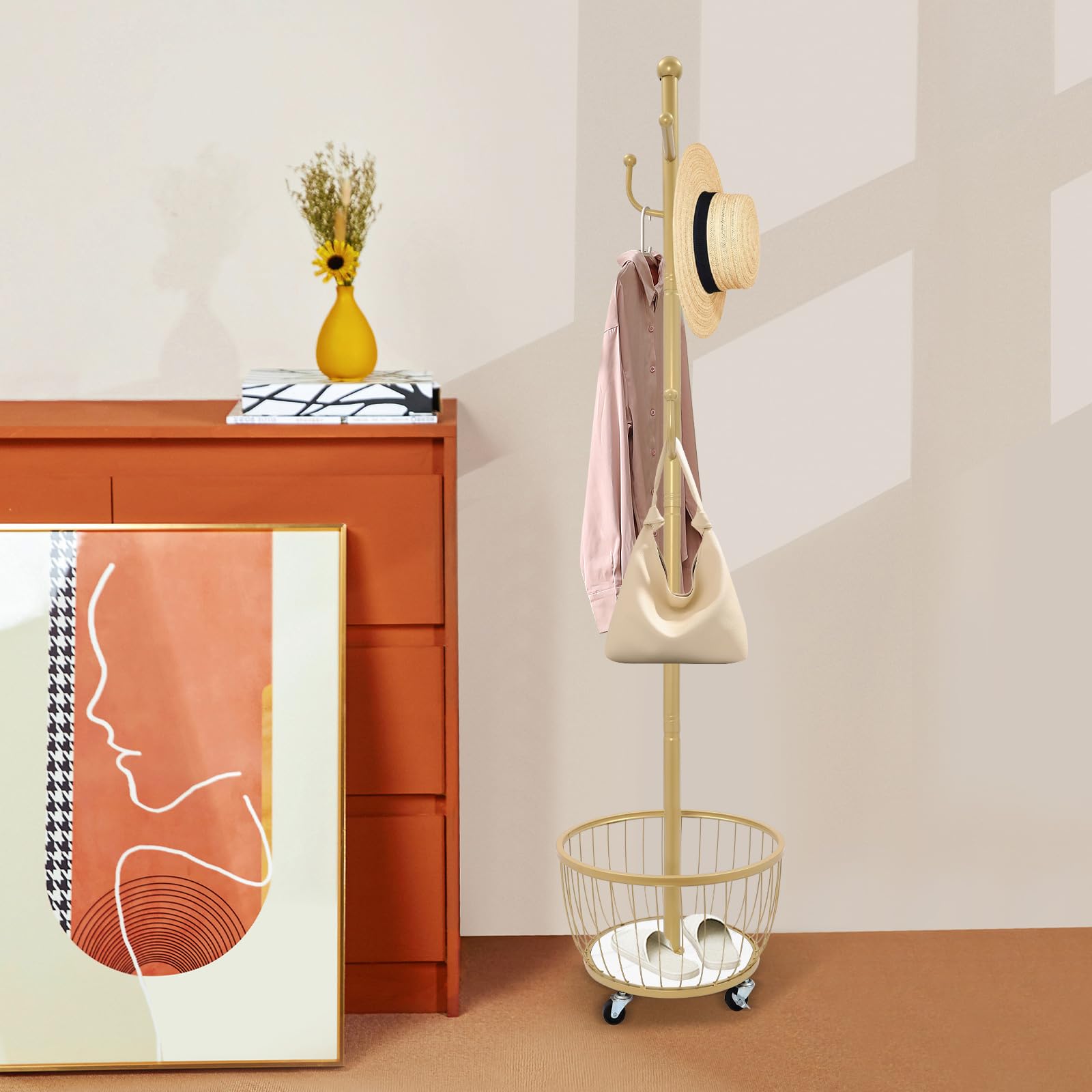Appendiabiti da Parete in Metallo da 5,5 Piedi, Organizer per Ingresso, con Cestino portaoggetti e 6 Ganci per Camera da Letto, corridoio, Ingresso (Oro)