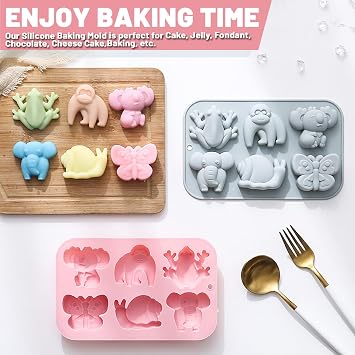 6 Cavities Animal Shape Chocolate Mold, Baking DIY Tools Different Animals Cartoon Silicone Mould, Set of 2 Pieces Non Stick Molds for Cake Chocolates Jelly Candy Cookie, etc
